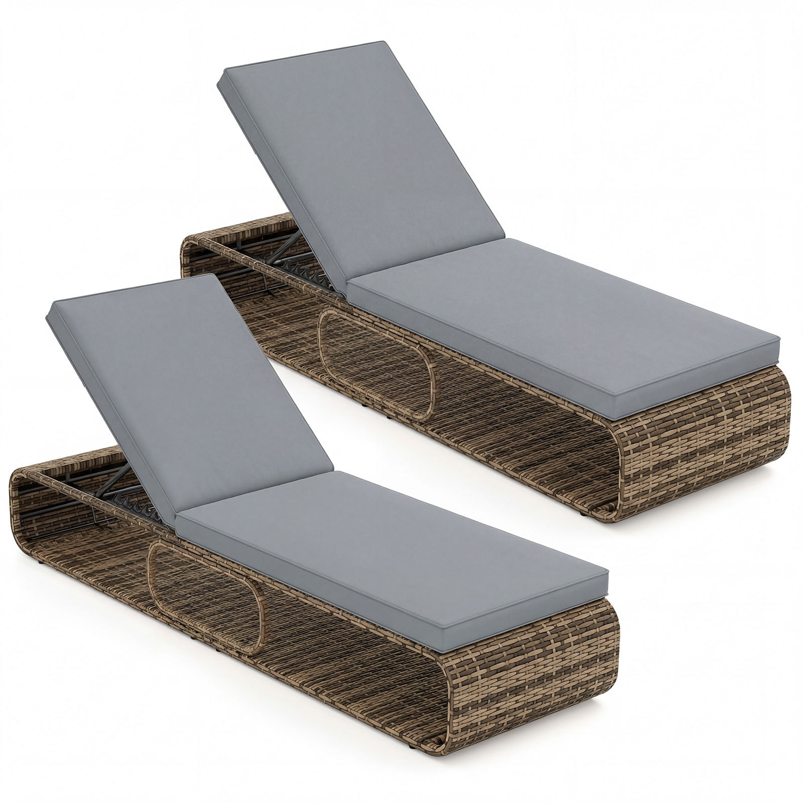 Costway Juego de 2 Tumbonas Exterior Mimbre PE 7 Posiciones con Respaldo Ajustable Cojín Almacenamiento para Piscina Patio Jardín Gris