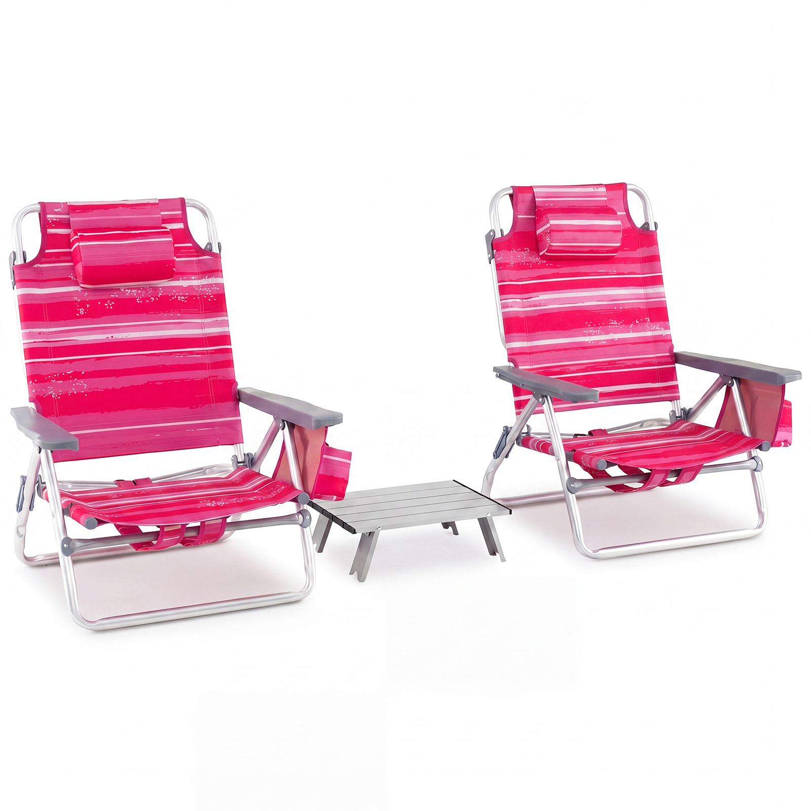 Juego de 3 Piezas Mesa y Sillas de Playa con Sillas Reclinables Mesa Aluminio Plegable Mochila 5 Posiciones Rayas Rosas Costway