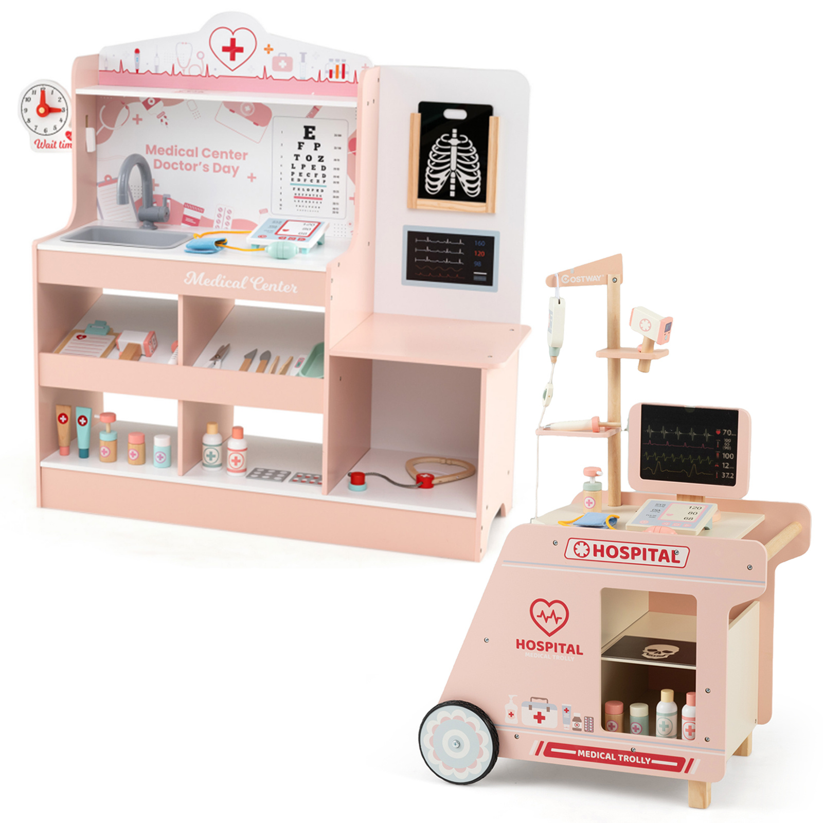 Costway Juego de Médico de Madera con Centro Médico Monitor ECG y 24 Accesorios Carrito con Máquina CT Estetoscopio para Niños 3+ Años Rosa
