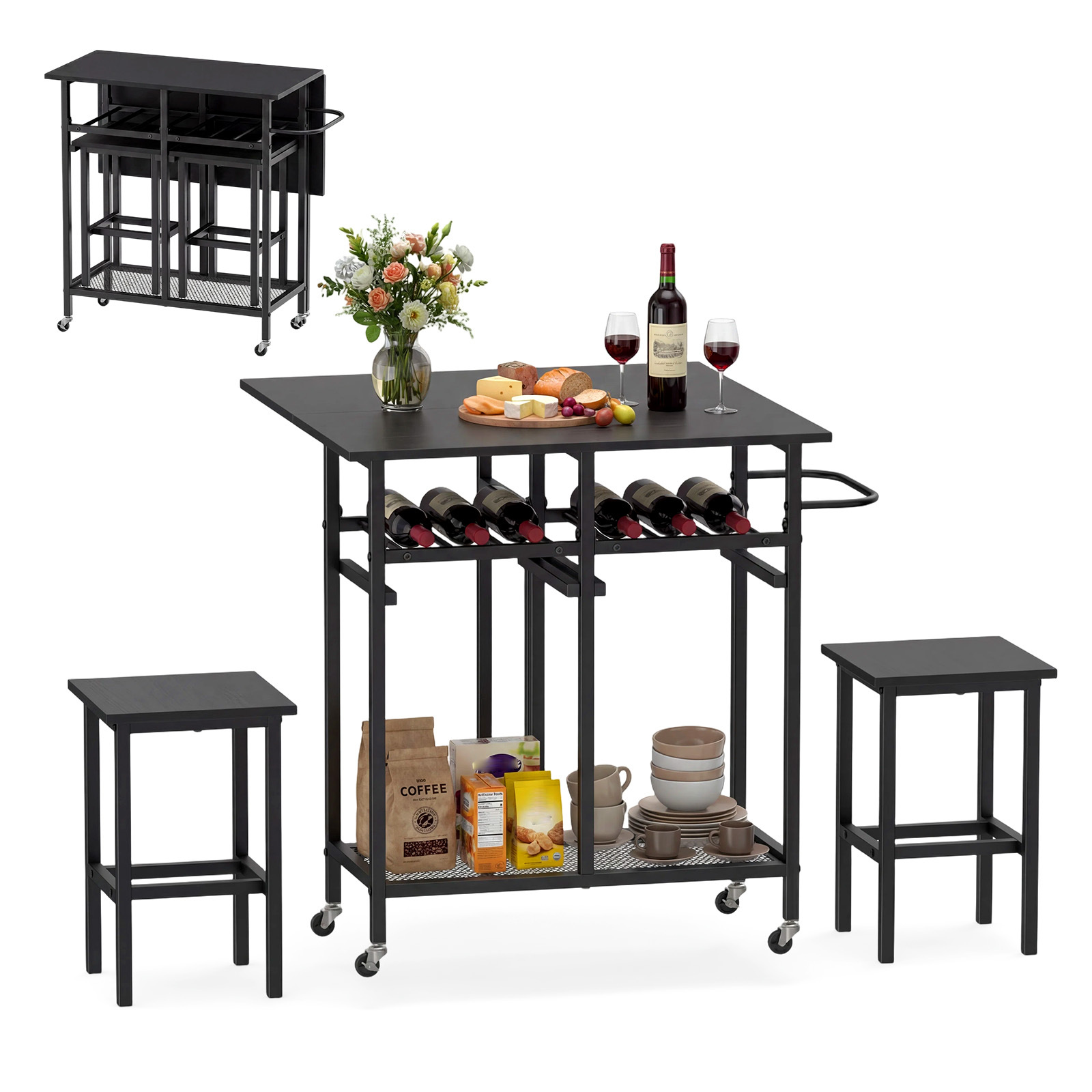 Juego de Mesa de Comedor de 3 Piezas con 2 Taburetes Botellero para 6 Botellas Estantes y Asa Lateral Mesa Plegable para Cocina Negro Costway
