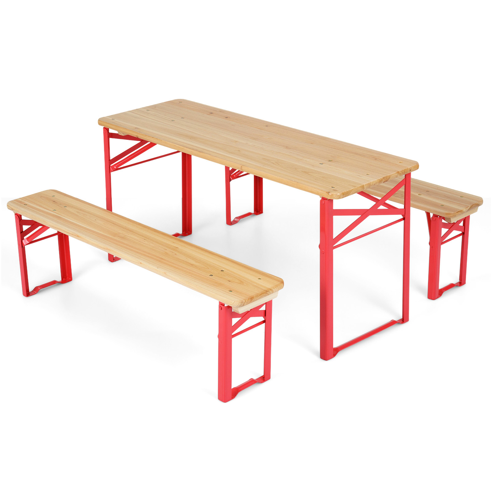 Juego de Mesa y 2 Bancos Plegables para Niños con Tablero Madera Abeto y Marco Metal para Picnic 4 Personas 3-8 Años Rojo Costway