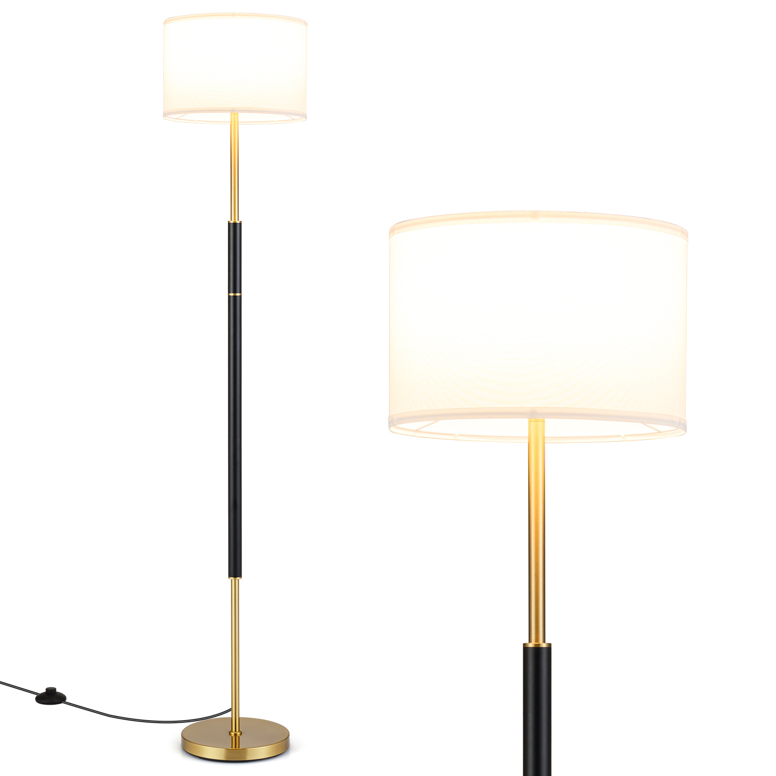 Costway Lámpara de Pie Moderna con Pantalla de Lino Interruptor de Pie Estructura Metálica Casquillo E27 Cable 2m para Dormitorio Salón Oficina