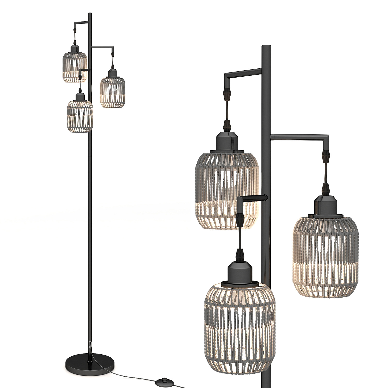 Costway Lámpara de Pie Vintage con 3 Luces Pantalla Papel Tejida Interruptor Pedal Marco Metal para Salón Dormitorio Oficina 25x25x173cm Negro