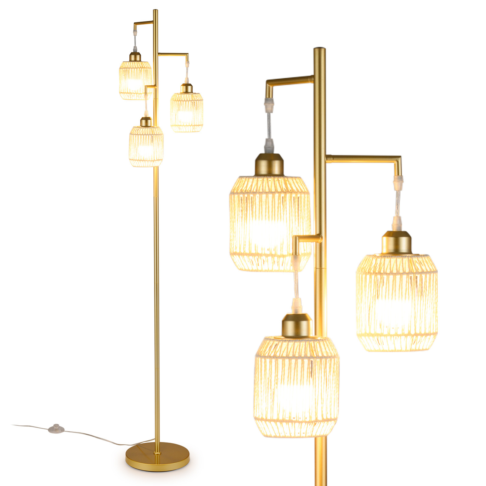 Costway Lámpara de Pie Vintage con 3 Luces Pantalla Papel Tejida Interruptor Pedal Marco Metal para Salón Dormitorio Oficina 25x25x173cm Dorado