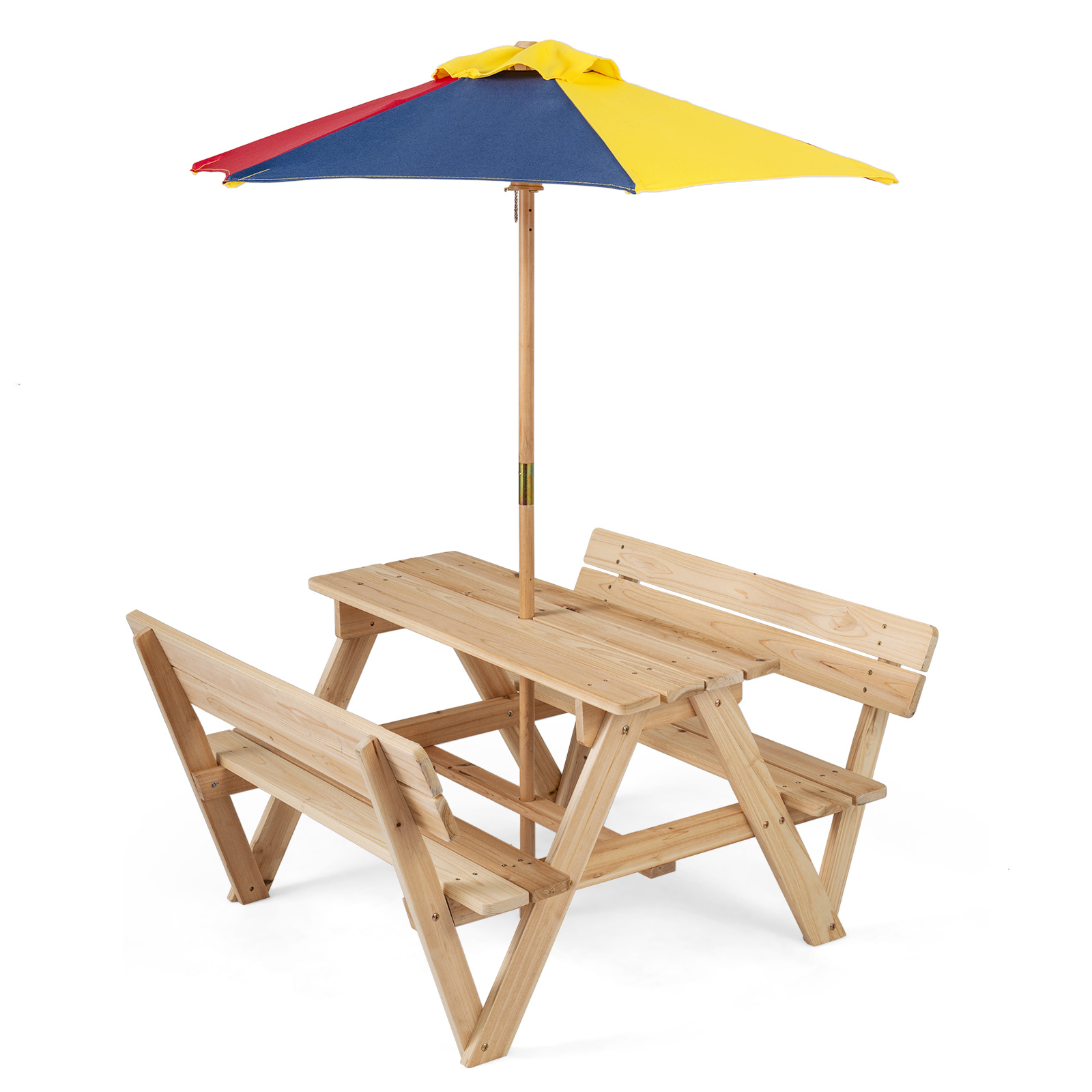 Mesa Picnic Infantil con 2 Bancos Integrados Sombrilla Extraíble Respaldo Madera Abeto para Niños 3-8 Años Playa Jardín Patio Natural Costway