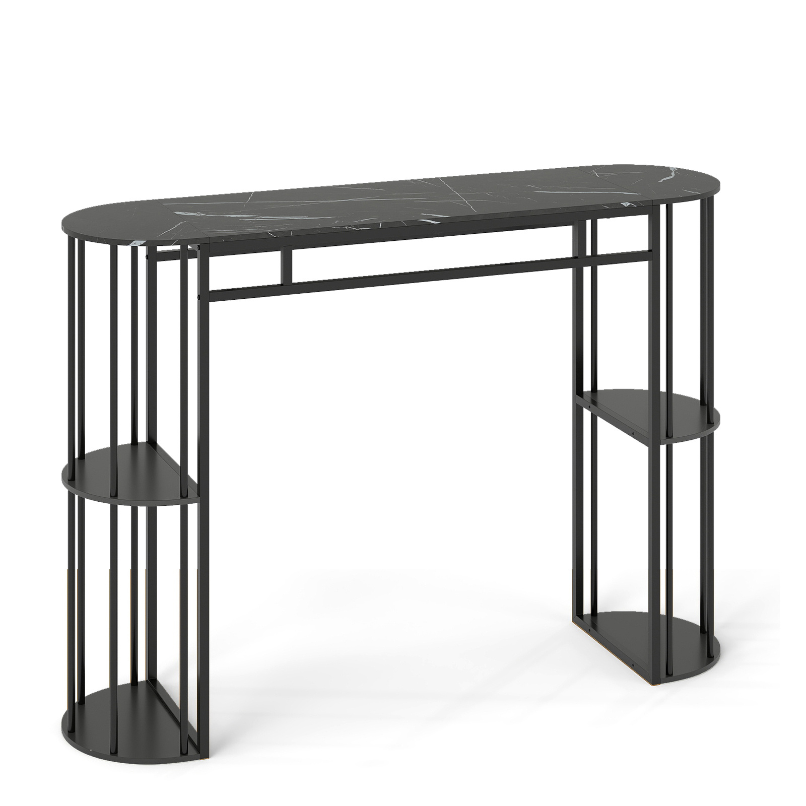 Mesa de Bar Alta Rectangular con Estantes Almacenaje Estructura Metálica Encimera Mármol Consola Estrecha para Comedor Salón Negro Costway