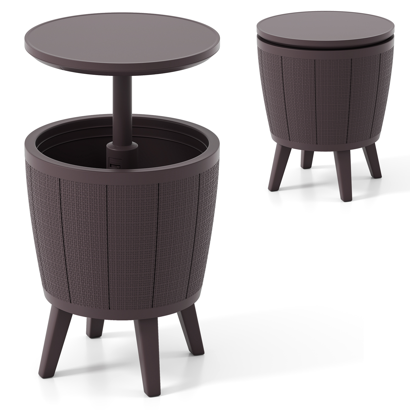 Mesa de Bar para Cócteles con Enfriador de 30L Tapa Elevable y Tapón de Drenaje para Piscina Terraza y Camping Marrón Costway