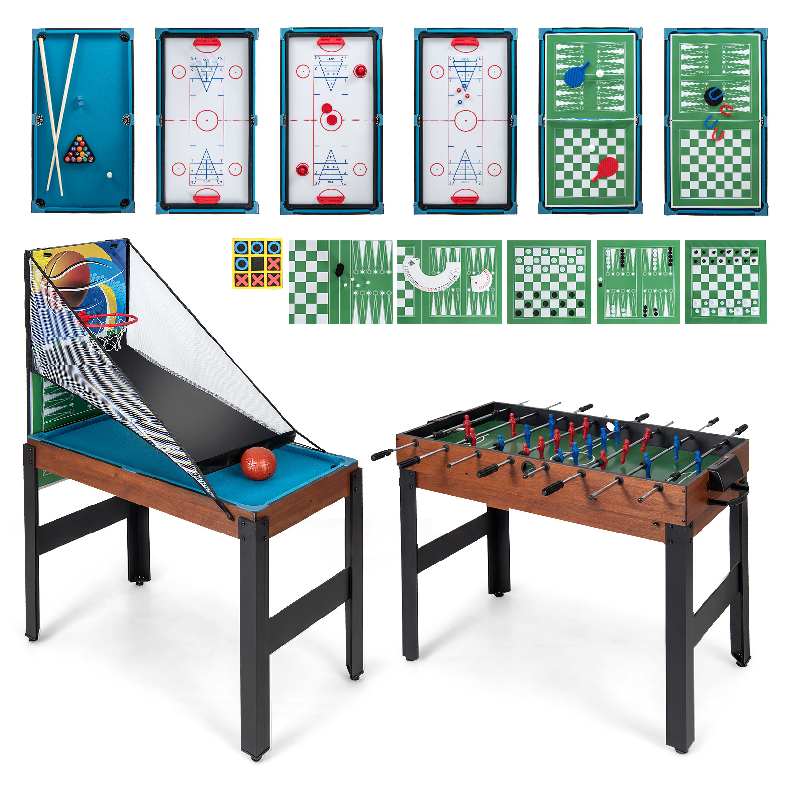 Costway Mesa de Juego 14 en 1 con Baloncesto Billar Futbolín Ping Pong Hockey Bolos y Ajedrez para Fiesta Sala de Juegos Natural