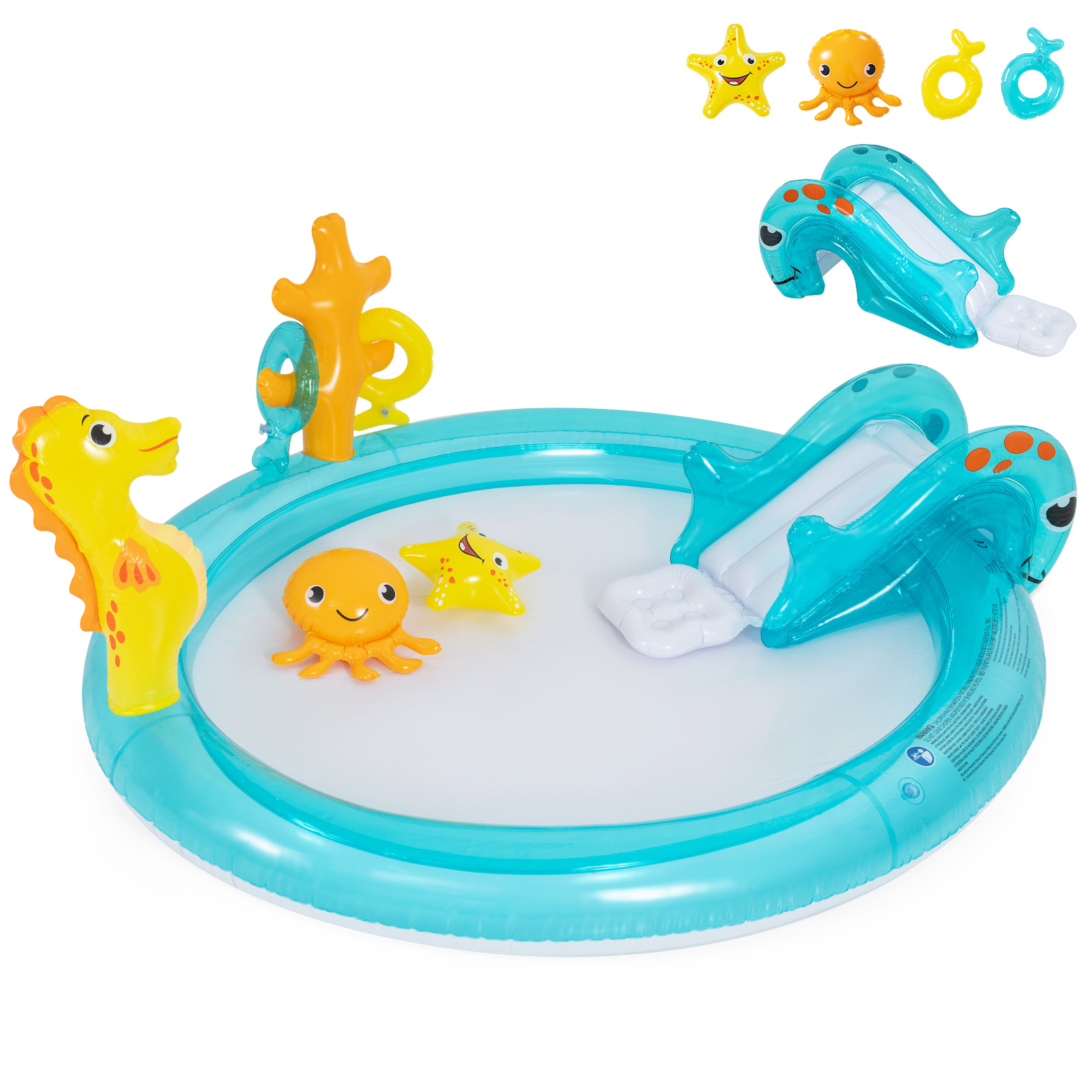 Piscina Hinchable Infantil con Tobogán Rociador Caballito de Mar y Juego de Aros Tema Marítimo para Niños 2-6 Años Costway