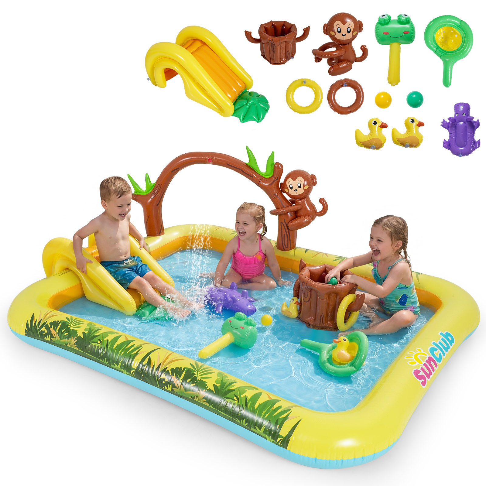 Piscina Hinchable Infantil con Tobogán y Chorro Animal Rociador en Forma de Arco Centro Juegos Acuático para Exteriores 207x168x77cm Costway