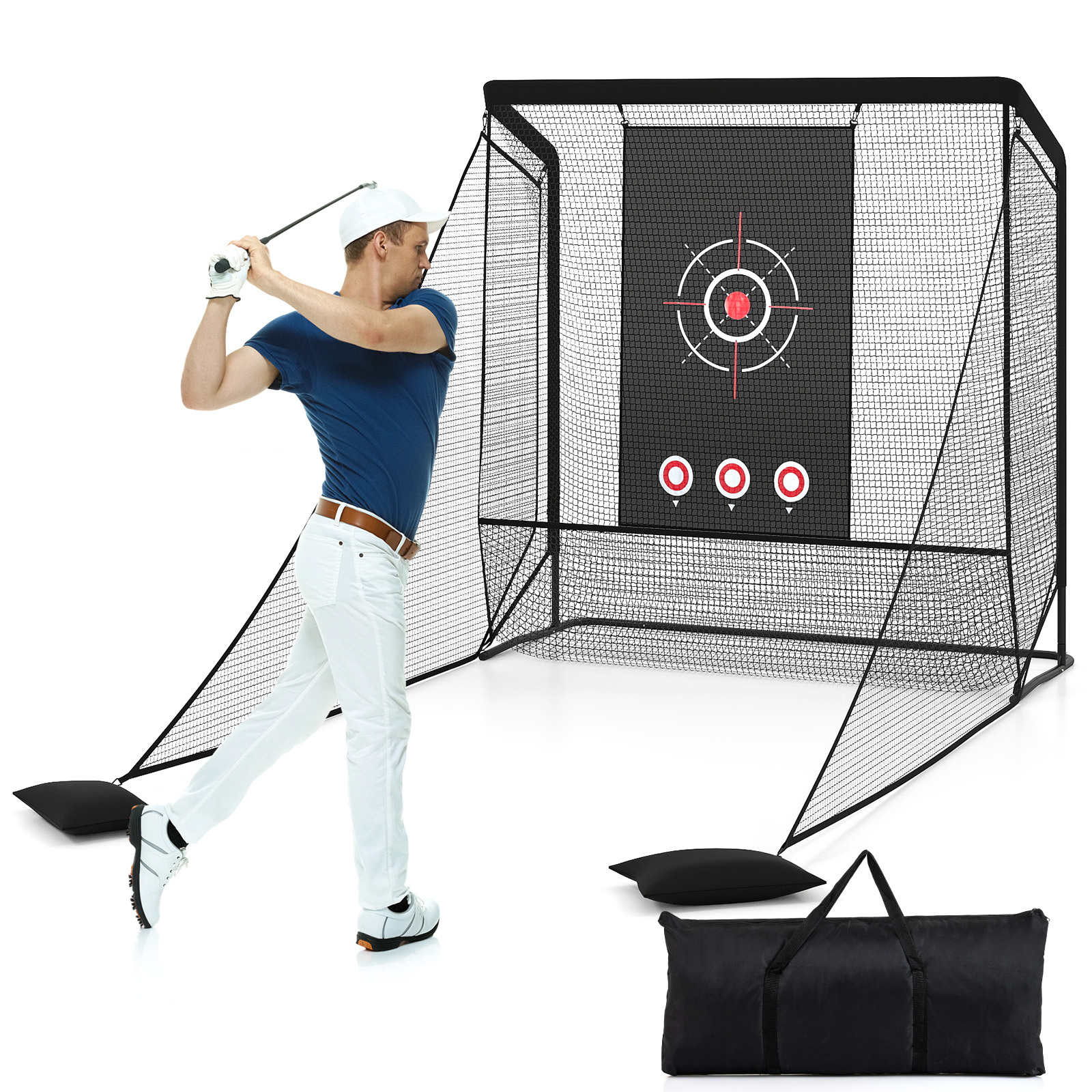Red Práctica Golf con Redes Laterales Desmontables Tela Blanco y Bolsa Transporte Portátil Interior Exterior 214x300x225cm Costway