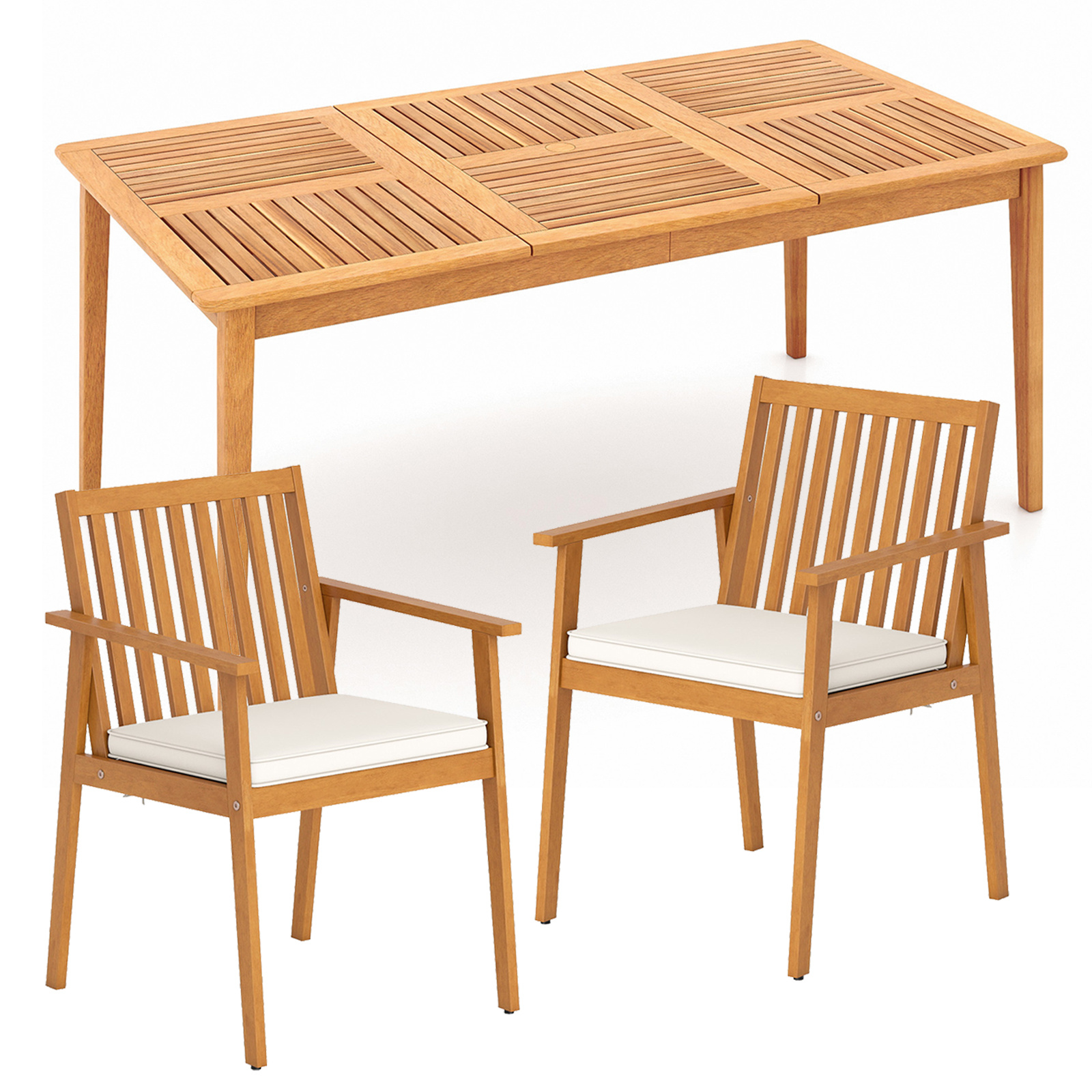Costway Set Mesa Comedor Exterior Madera Acacia 170x90cm con Agujero para Sombrilla y 2 Sillas con Cojín Removible y Reposabrazos