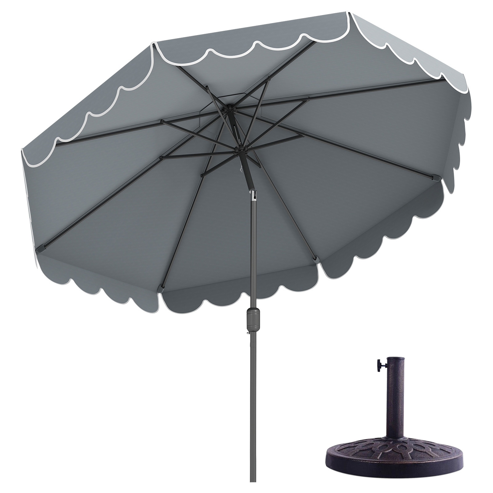 Set Sombrilla Playa 300cm Inclinable Manivela 8 Varillas Metal Ventilada Flecos Jardín Piscina Patio y Base Resina Redonda Φ38-48mm Gris Costway