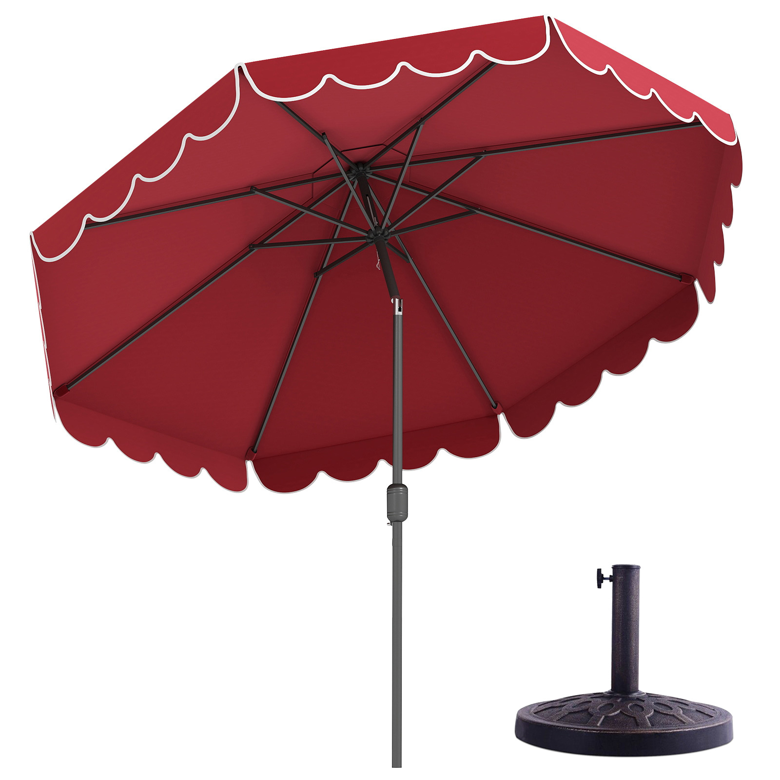Set Sombrilla Playa 300cm Inclinable Manivela 8 Varillas Metal Ventilada Flecos Jardín Piscina Patio y Base Resina Redonda Φ38-48mm Rojo Costway