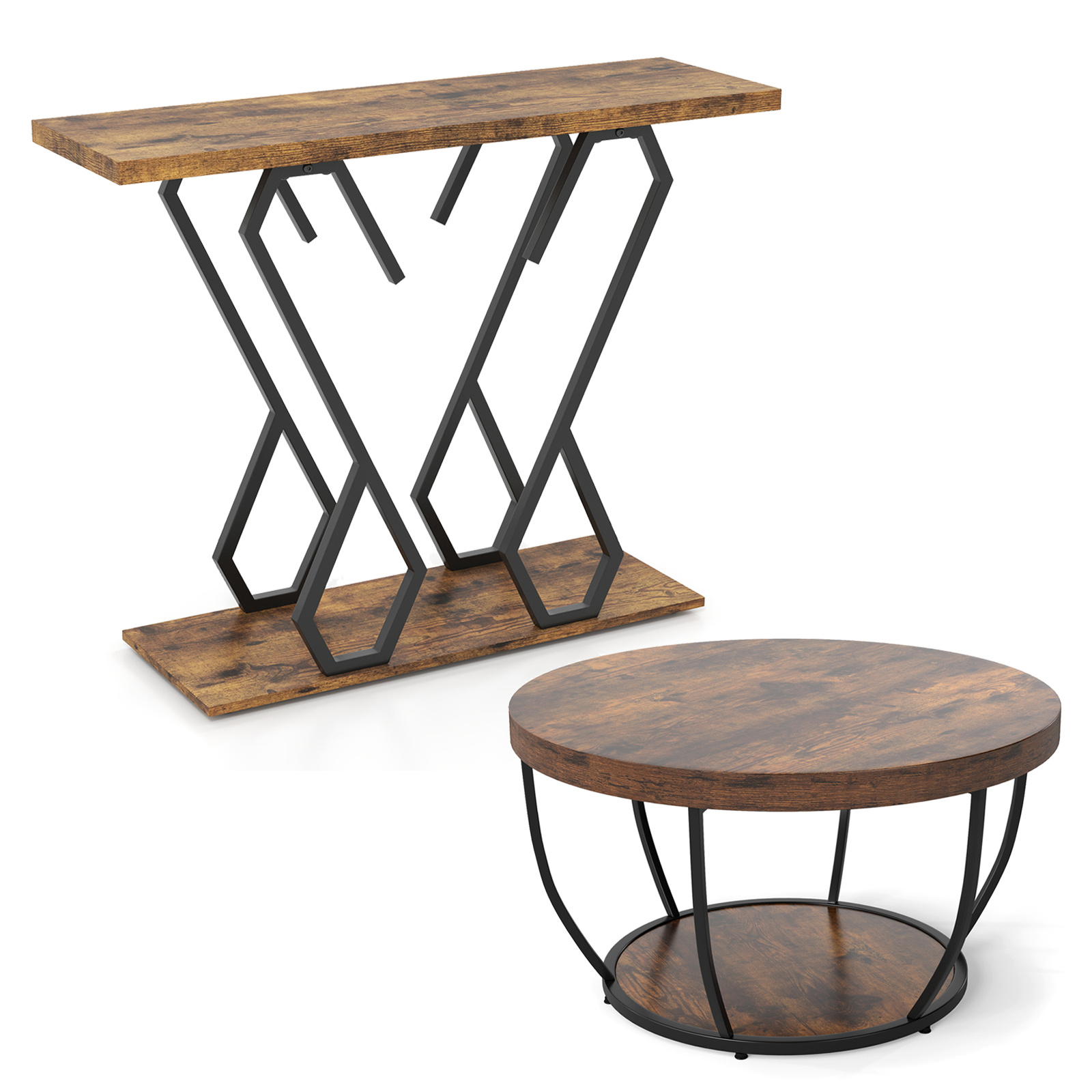 Set de 2 Piezas Mesa Café 2 Niveles 80cm Almacenaje y Mesa Consola Madera con Almohadillas Ajustables para Pasillo Marrón Rústico Costway