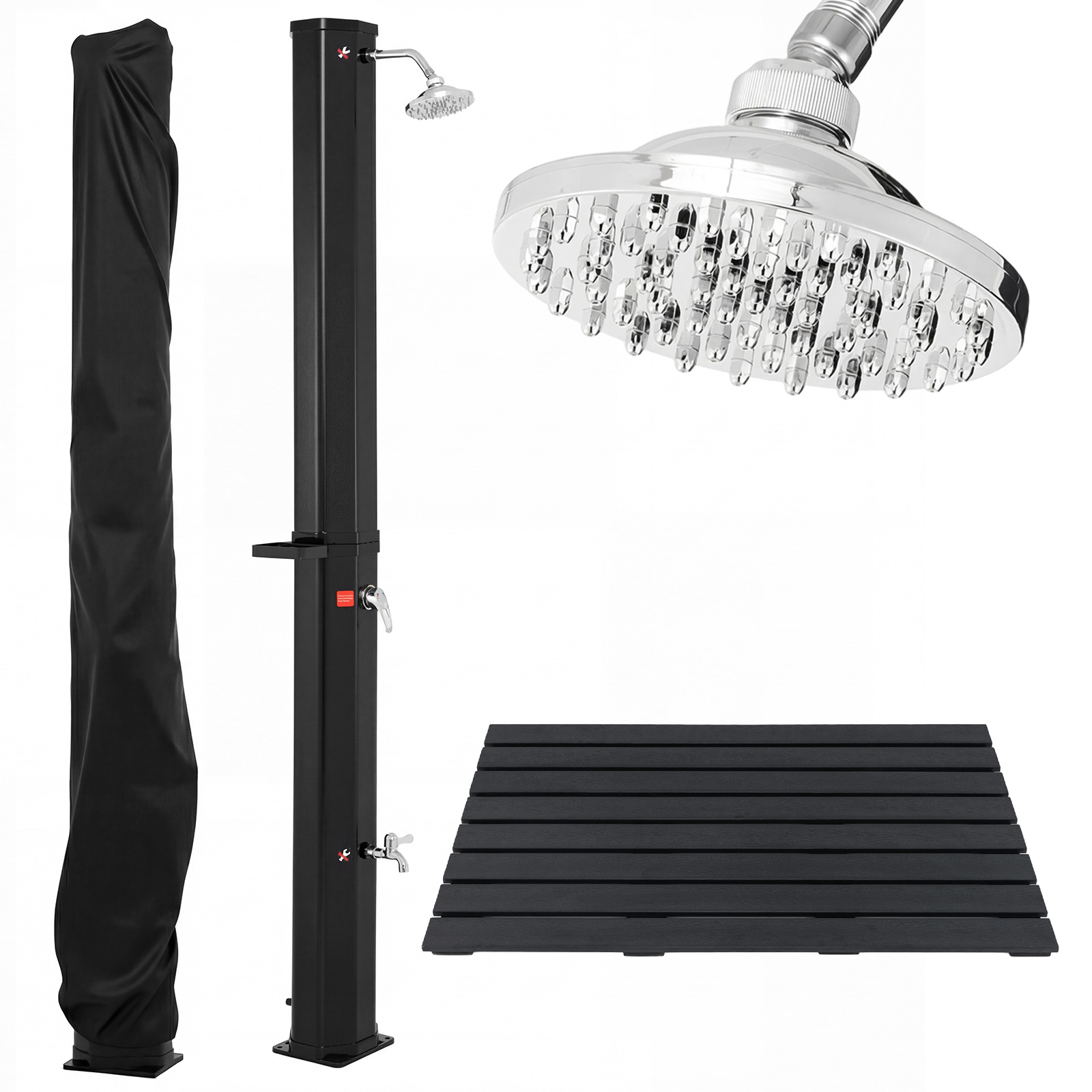 Costway Set de Ducha Solar Exterior 60L 194cm con Cabezal 360° y Alfombra Antideslizante WPC 100x60cm para Jardín Piscina Playa Negro