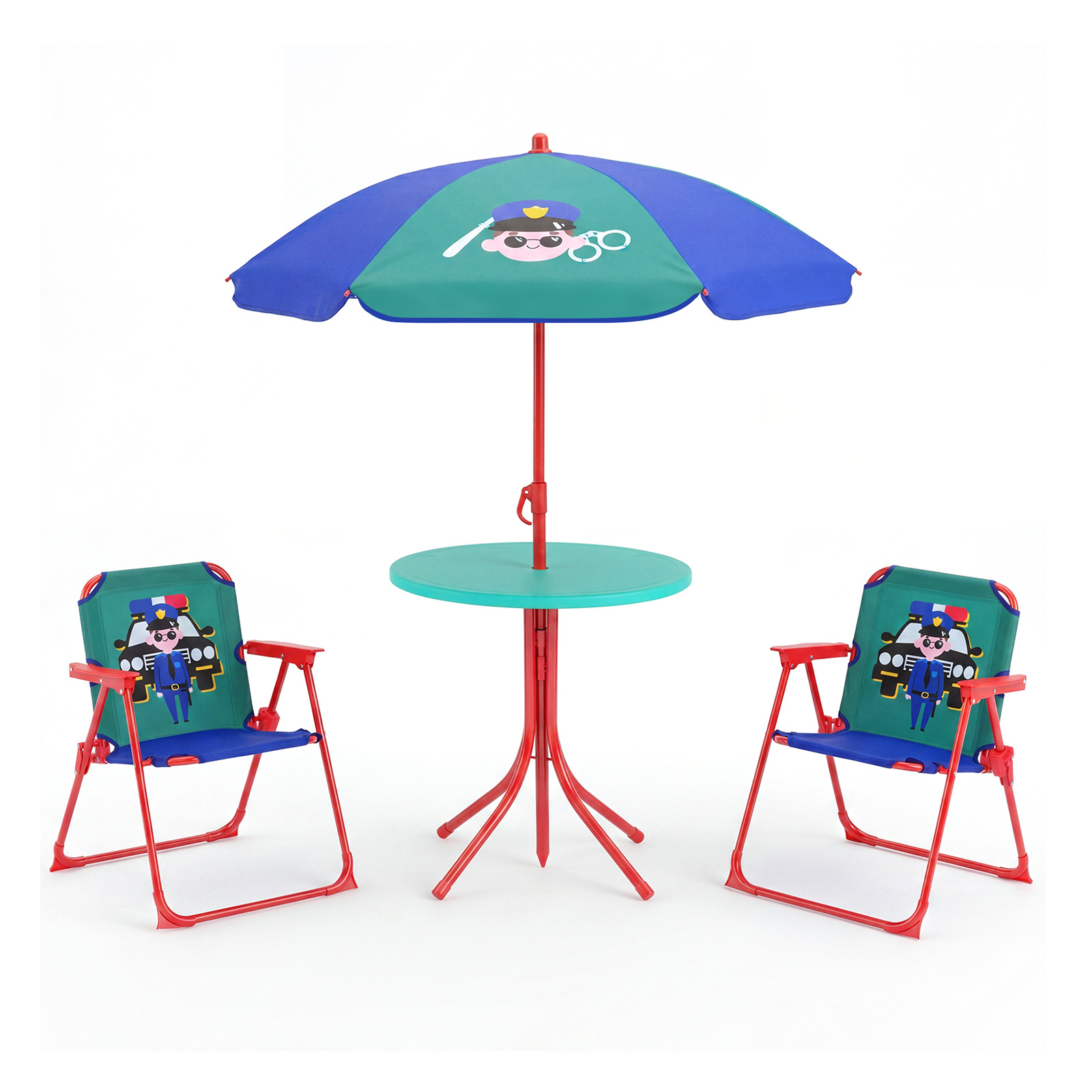 Set de Mesa Picnic Infantil de 4 Piezas con 2 Sillas Plegables y Sombrilla Altura Ajustable para Niños 3-6 Años Jardín Patio Azul+Verde Costway