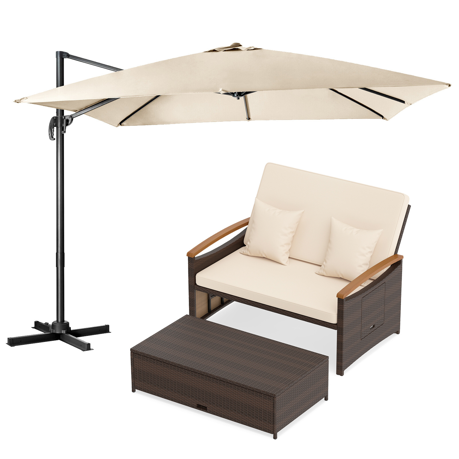 Set de Sofá Cama Ratán 2 Plazas con Otomana Almacenaje 4 Respaldo y Sombrilla 300cm Giratoria 360° Inclinación 3 Posiciones Beige Costway