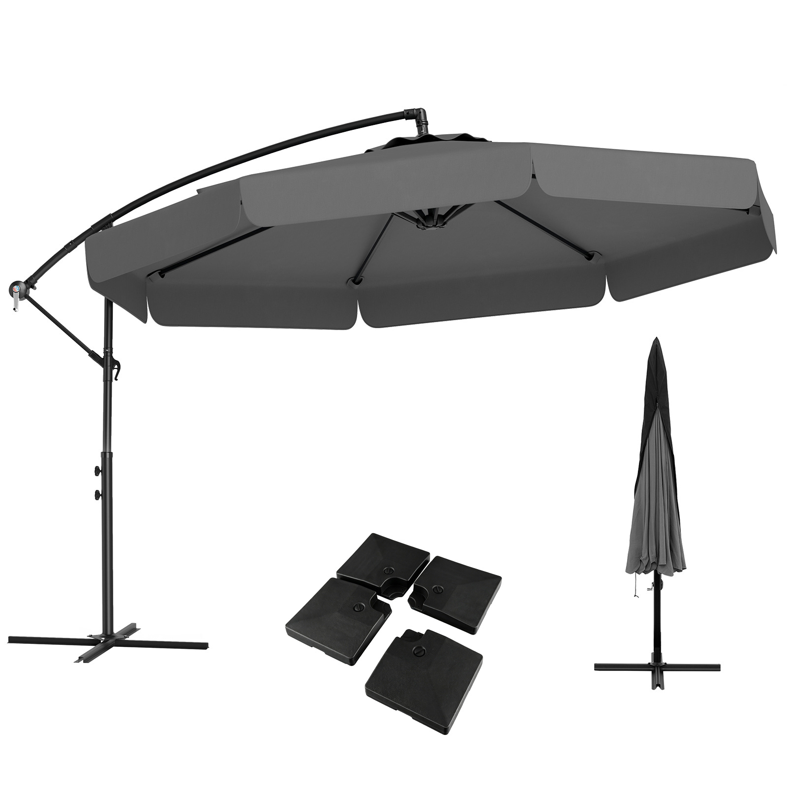 Costway Set de Sombrilla Cantilever 305cm con Inclinación 0-35° Manivela 8 Varillas Funda y Base Rellenable Agua/Arena 128kg Gris