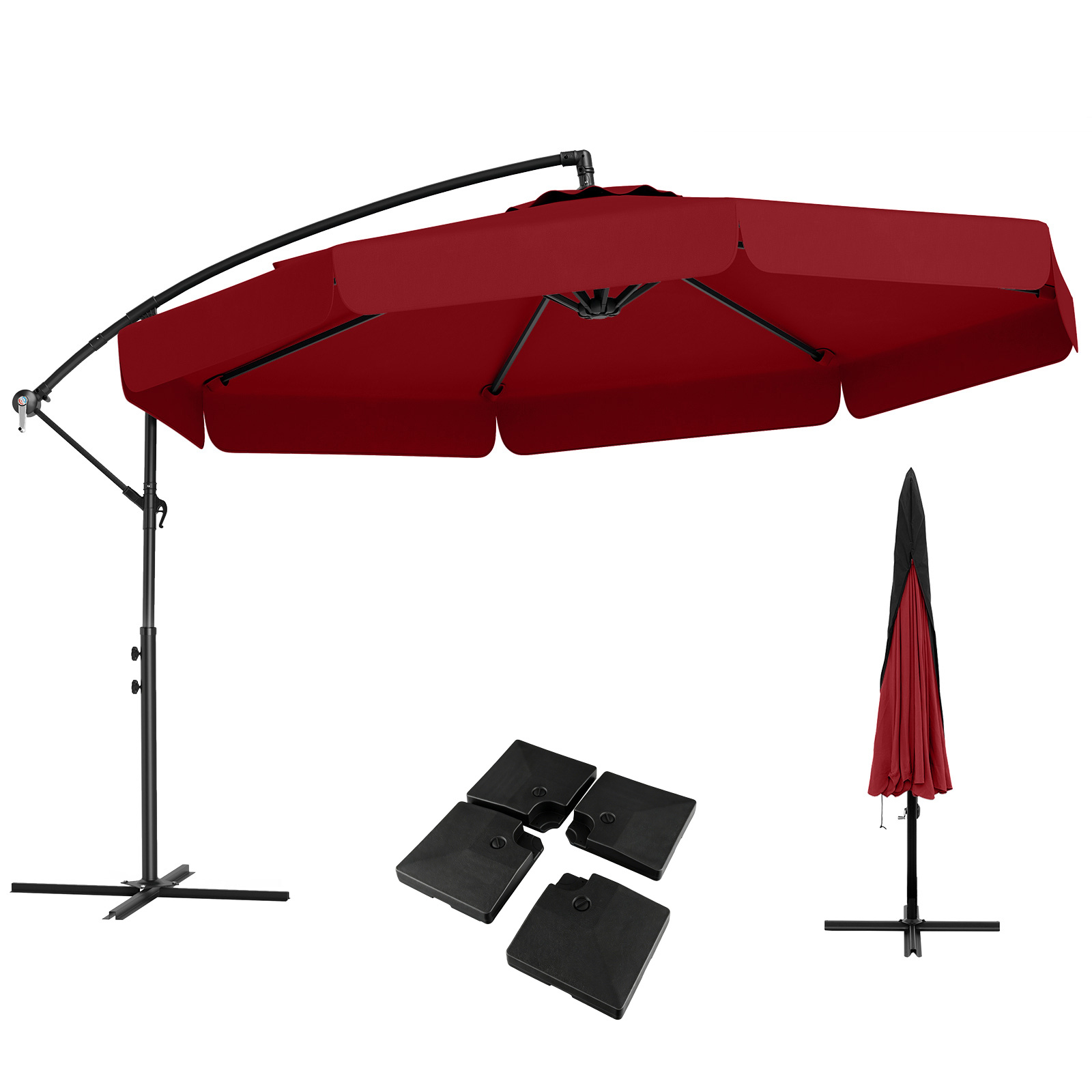 Costway Set de Sombrilla Cantilever 305cm con Inclinación 0-35° Manivela 8 Varillas Funda y Base Rellenable Agua/Arena 128kg Rojo