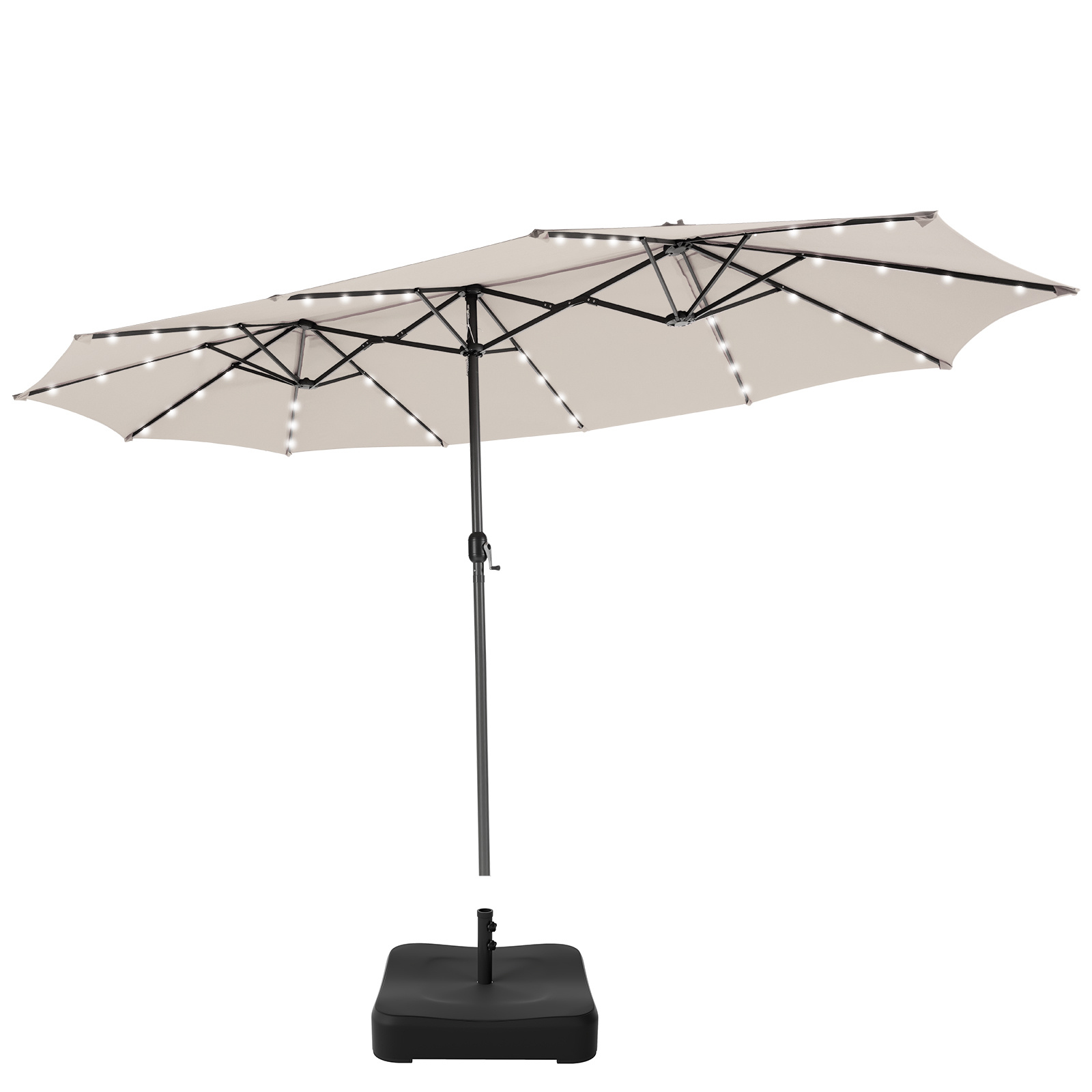 Set de Sombrilla Doble Cara 470cm con 48 Luces LED Solar y Base Rellenable de 80kg Sistema Manivela Jardín Piscina Beige Costway