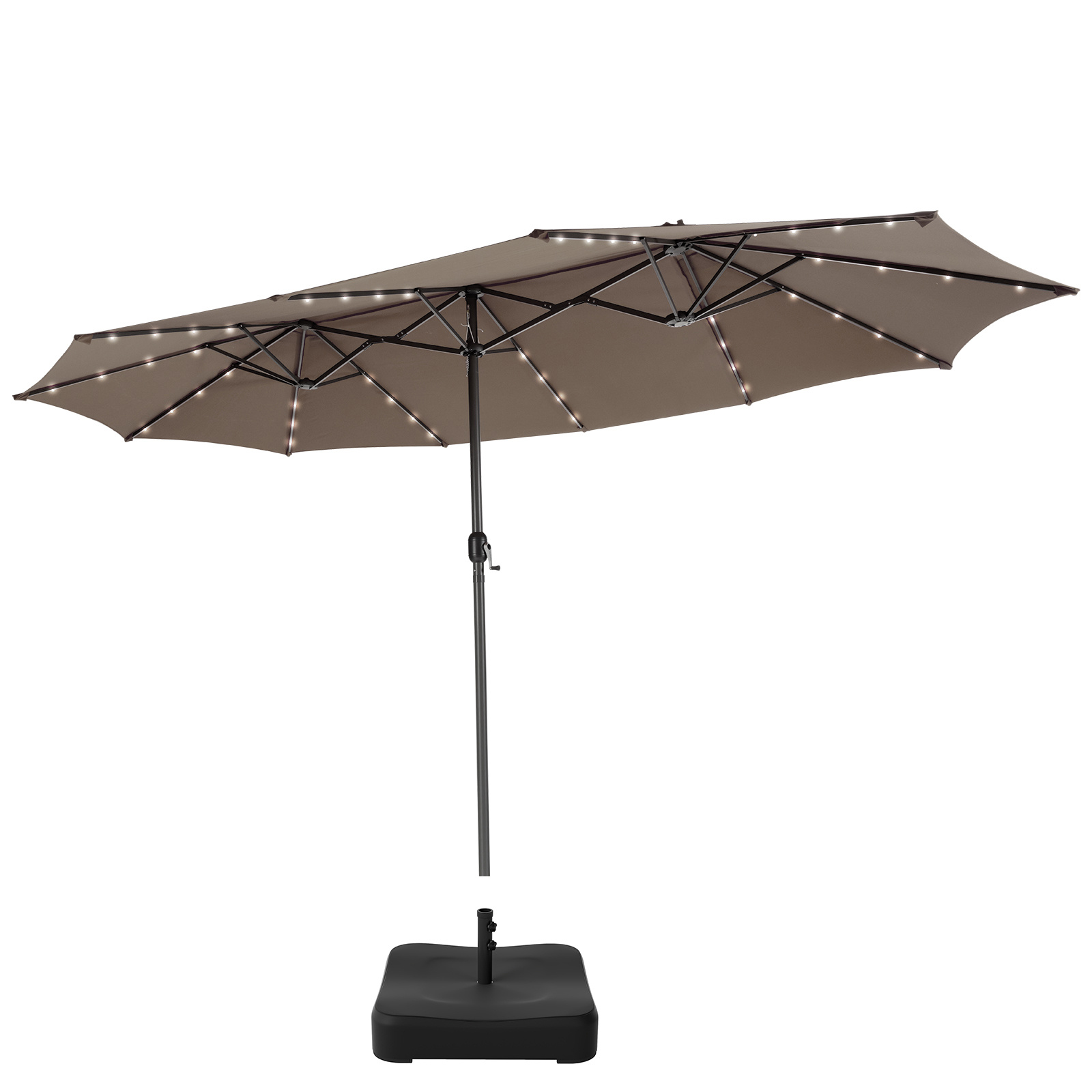 Set de Sombrilla Doble Cara 470cm con 48 Luces LED Solar y Base Rellenable de 80kg Sistema Manivela Jardín Piscina Café Costway