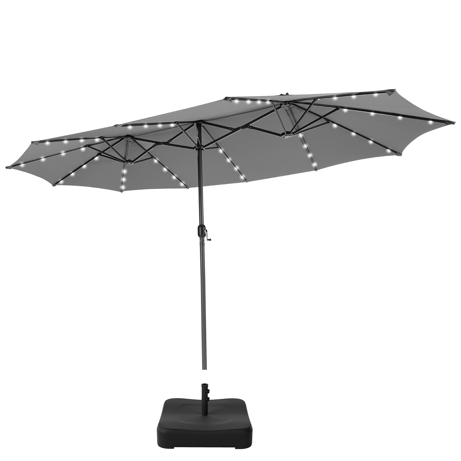 Set de Sombrilla Doble Cara 470cm con 48 Luces LED Solar y Base Rellenable de 80kg Sistema Manivela Jardín Piscina Gris Costway