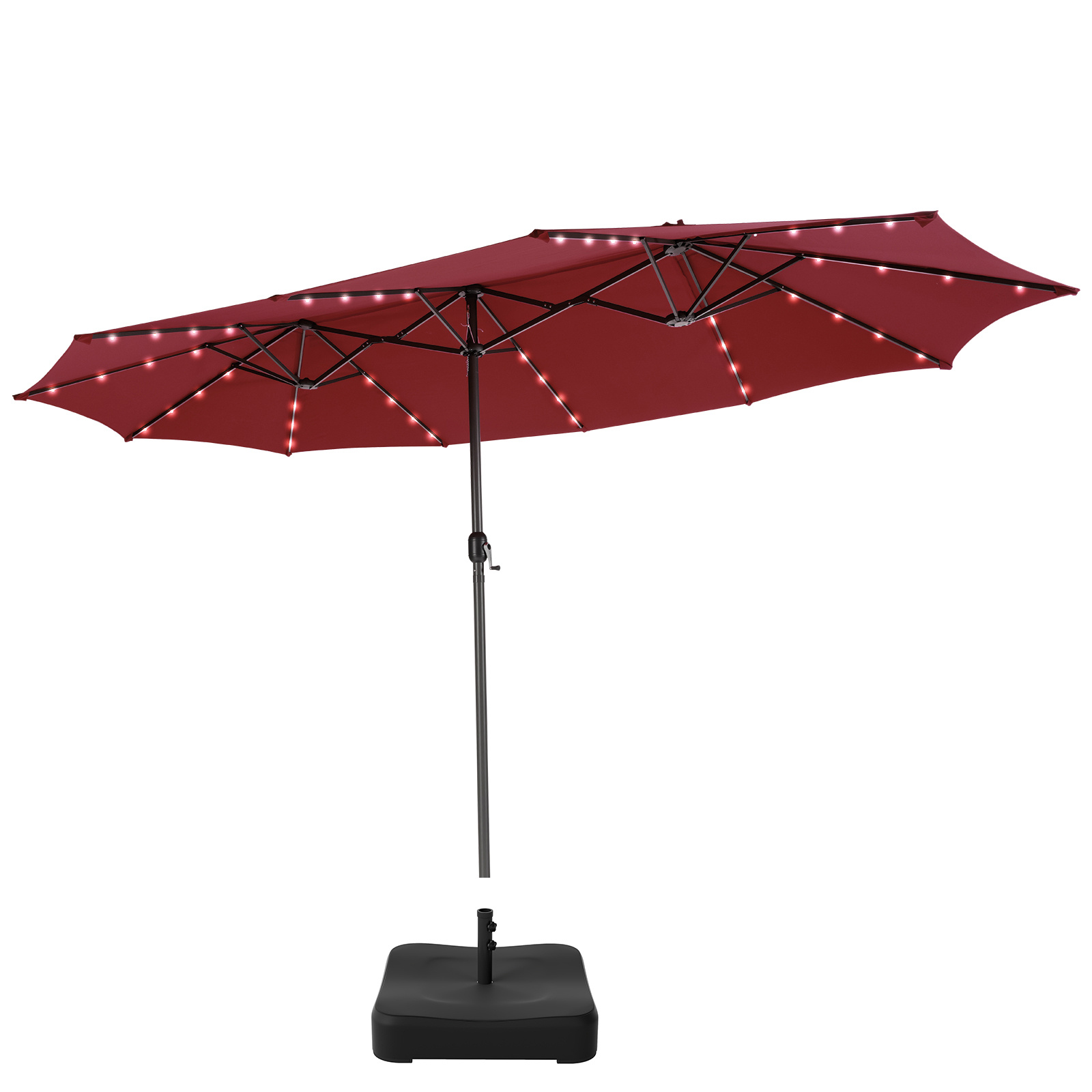 Set de Sombrilla Doble Cara 470cm con 48 Luces LED Solar y Base Rellenable de 80kg Sistema Manivela Jardín Piscina Rojo Costway