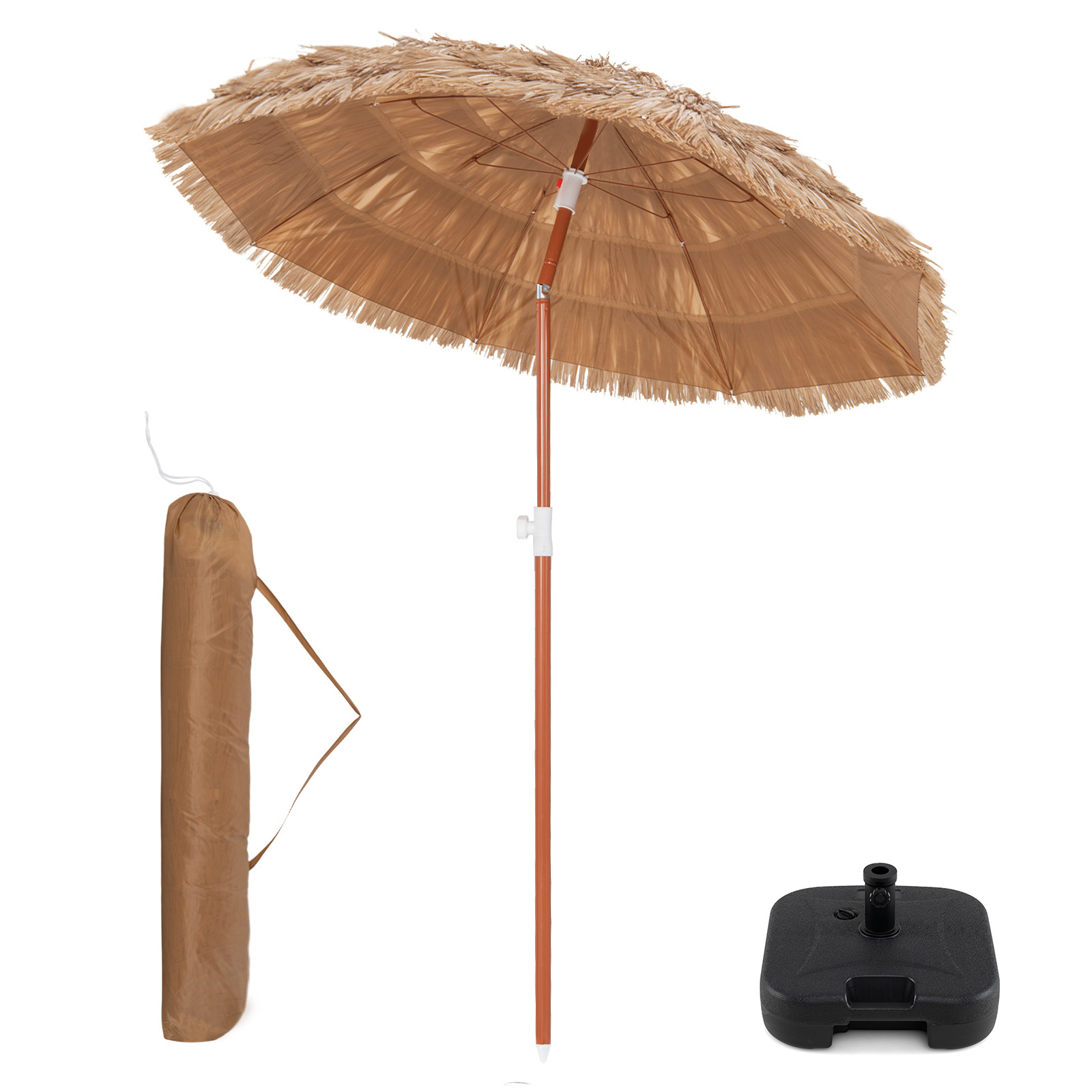 Set de Sombrilla Paja 175cm Inclinación 40° Altura Ajustable y Base Rellenable 27kg con 3 Adaptadores para Jardín Playa Costway