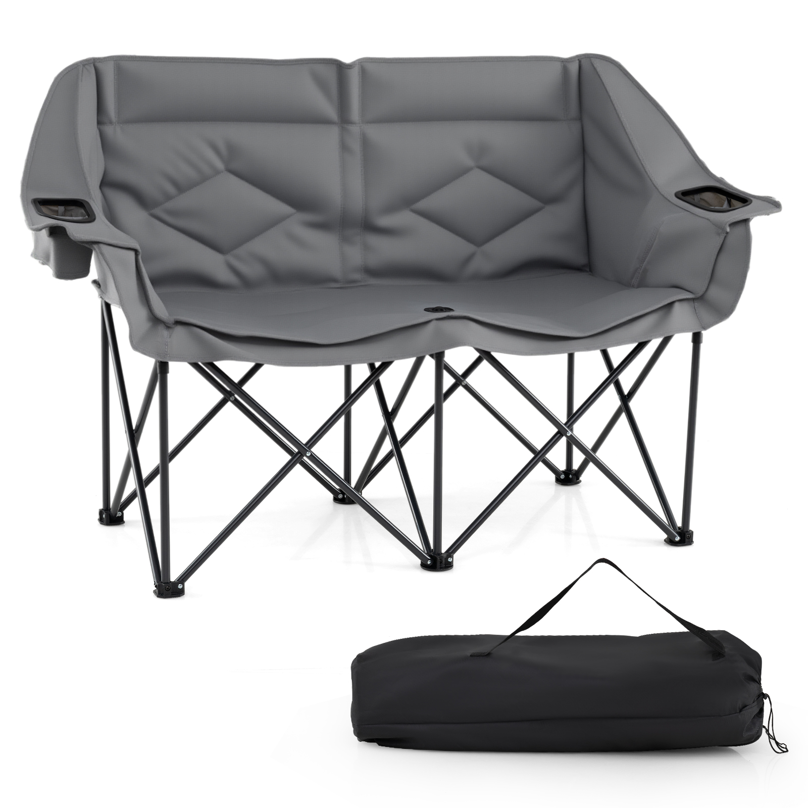 Costway Silla Camping Plegable 2 Personas Gran Tamaño con Portavasos Bolsillos Bolsa Transporte Acolchada para Picnic Pesca Playa 300kg Gris