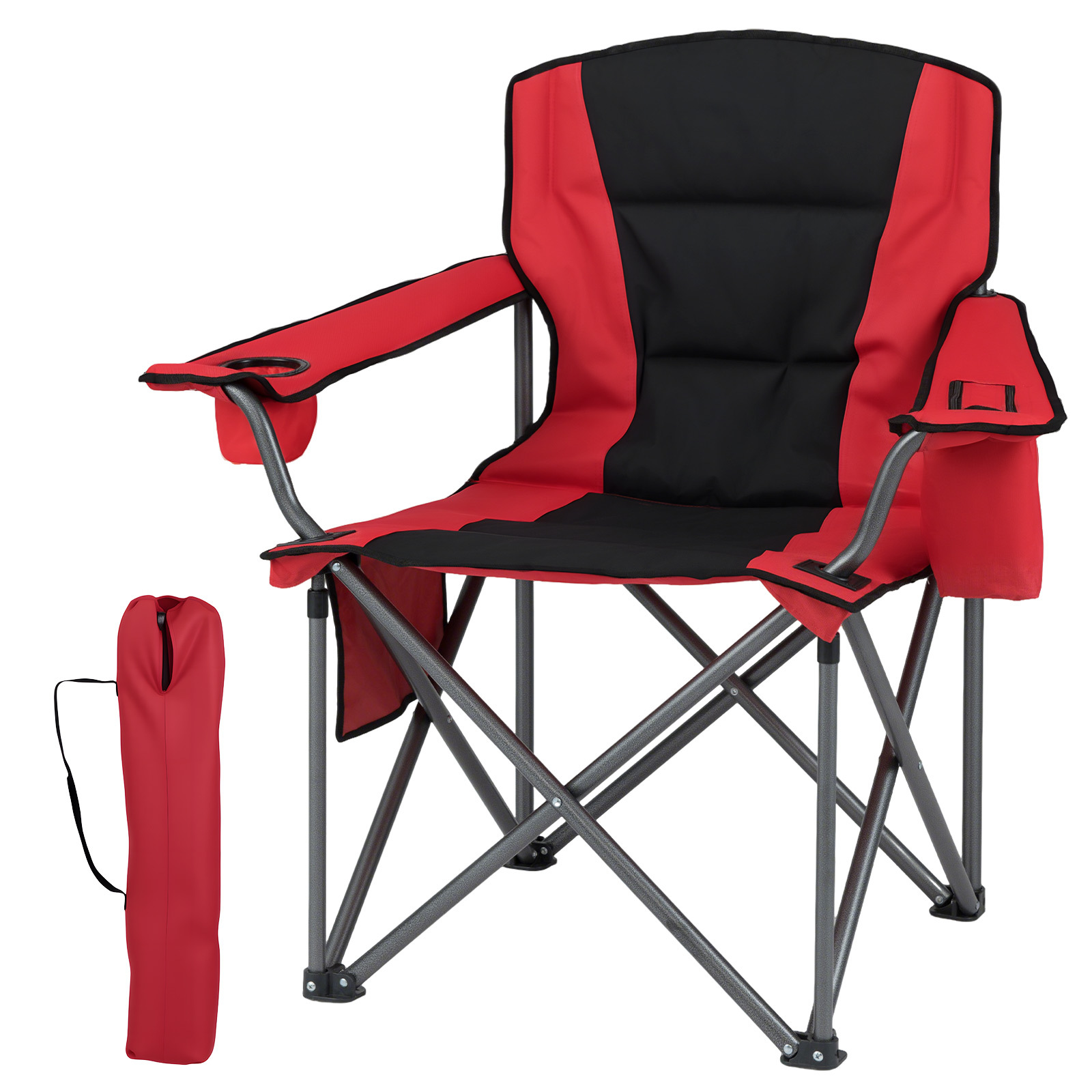 Costway Silla Camping Plegable con Bolsillo Refrigerador con Cremallera y Portavasos Acolchada Bolsa Transporte para Picnic Pesca Rojo