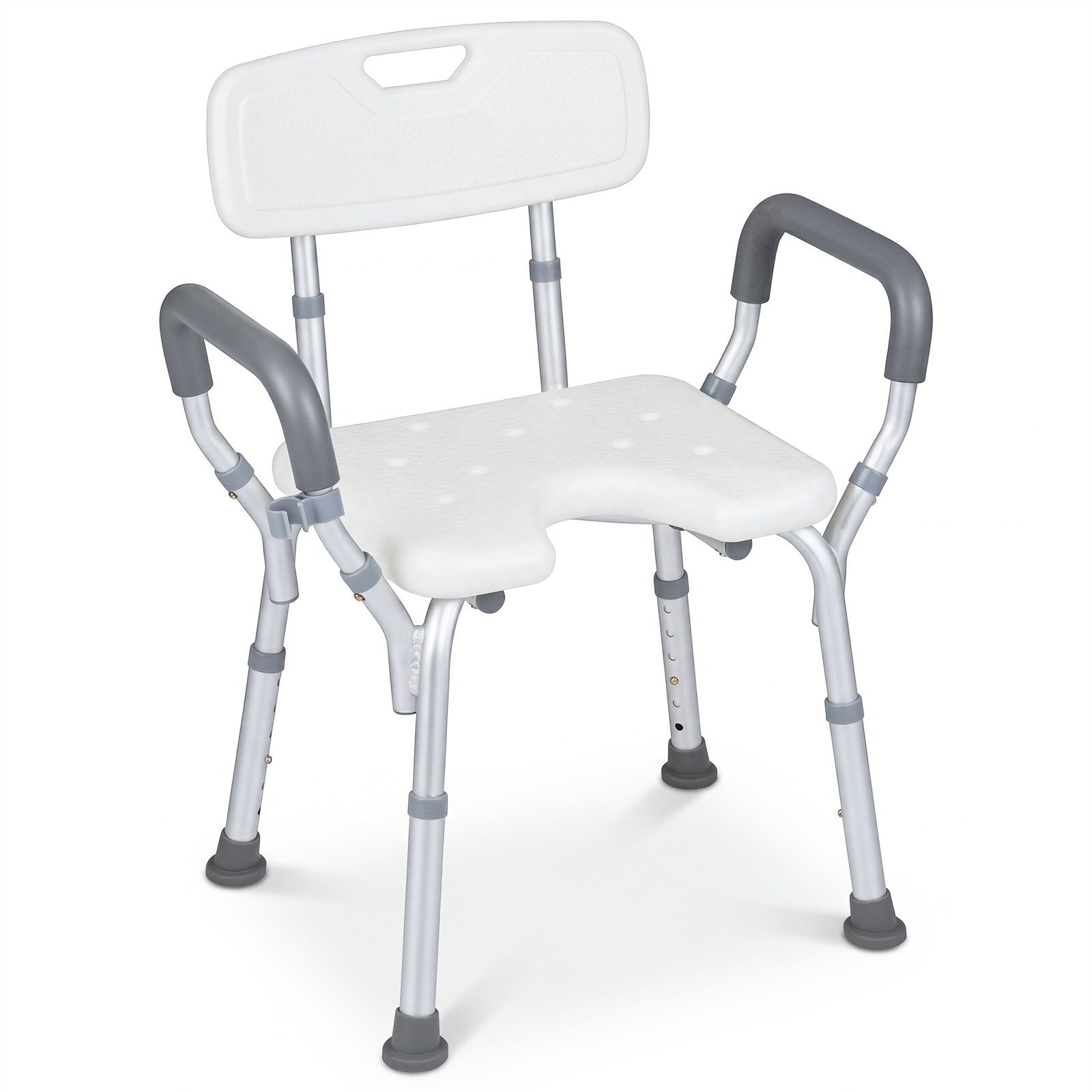 Costway Silla Ducha Mayores Altura Ajustable 6 Niveles Asiento Antideslizante Respaldo Curvo Apoyabrazos Acolchados Marco Aluminio Blanco