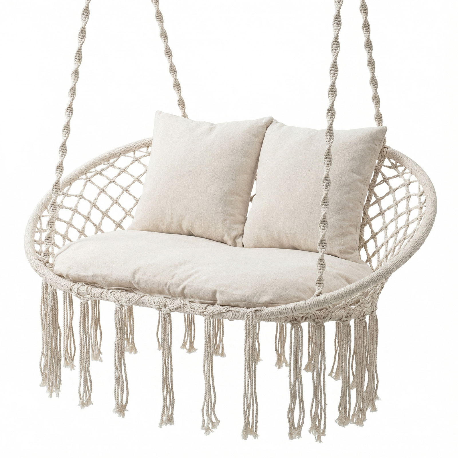 Silla Hamaca Colgante 2 Plazas con Flecos Cojines Marco Metálico Bohemio Interior Exterior Patio Balcón Porche Carga 250kg Beige Costway