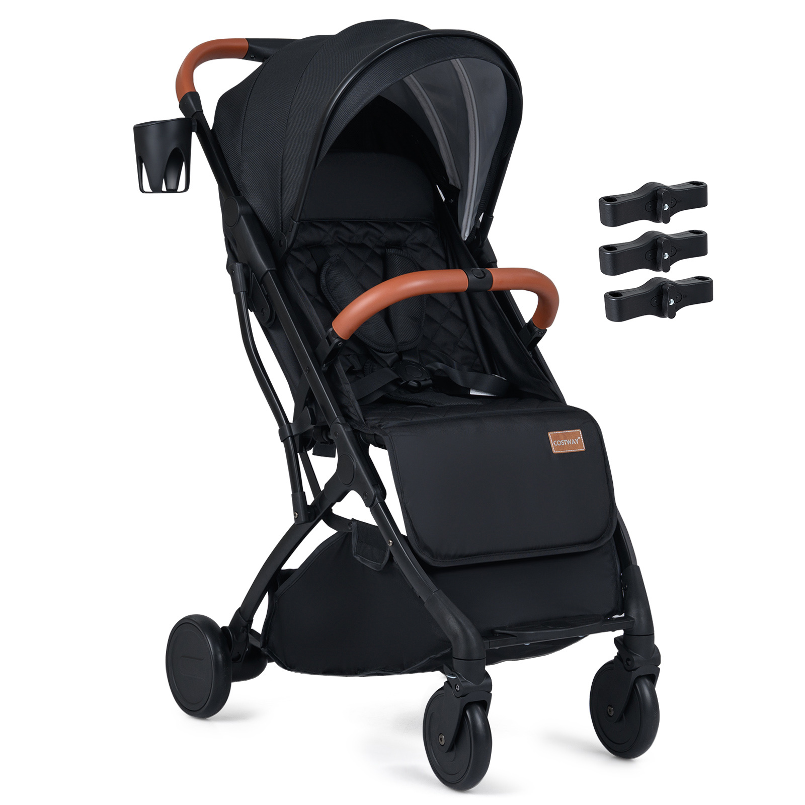 Silla Paseo Plegable Ligera con Respaldo Capota Reposapiés Ajustables Cubierta Lluvia Saco Pies Cesta 0-36 Meses y 3 Conectores Negro Costway