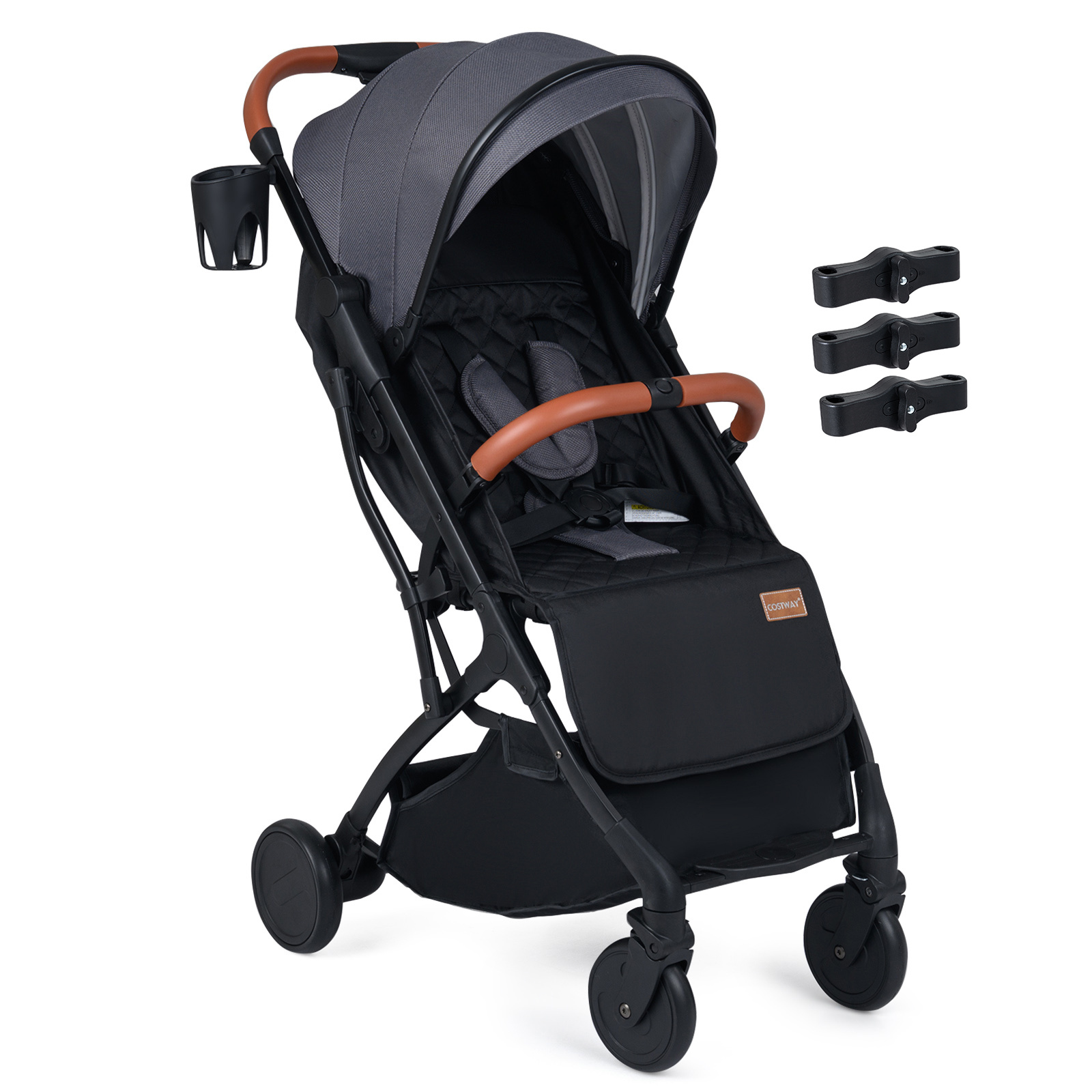 Silla Paseo Plegable Ligera con Respaldo Capota Reposapiés Ajustables Cubierta Lluvia Saco Pies Cesta 0-36 Meses y 3 Conectores Gris Costway