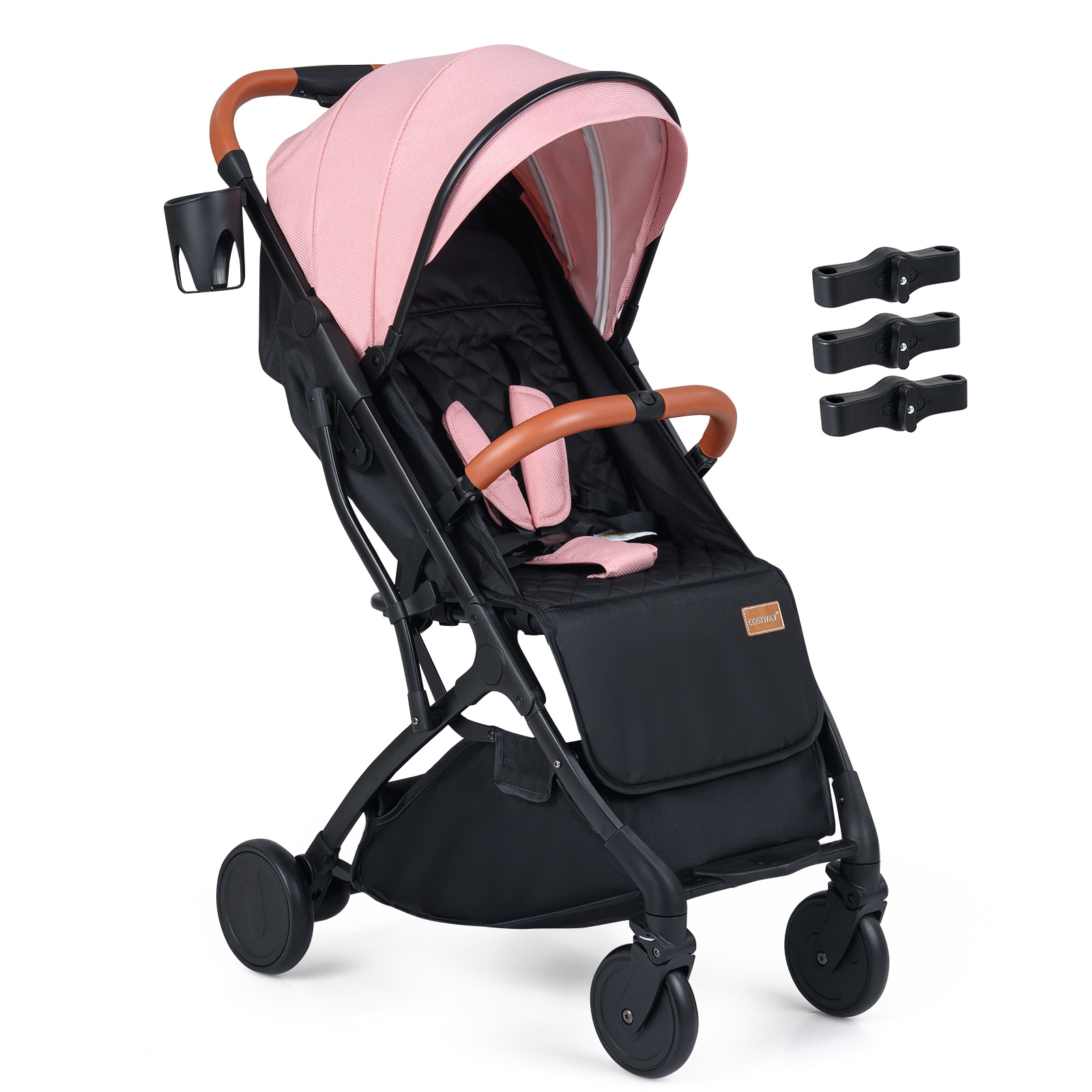 Silla Paseo Plegable Ligera con Respaldo Capota Reposapiés Ajustables Cubierta Lluvia Saco Pies Cesta 0-36 Meses y 3 Conectores Rosa Costway