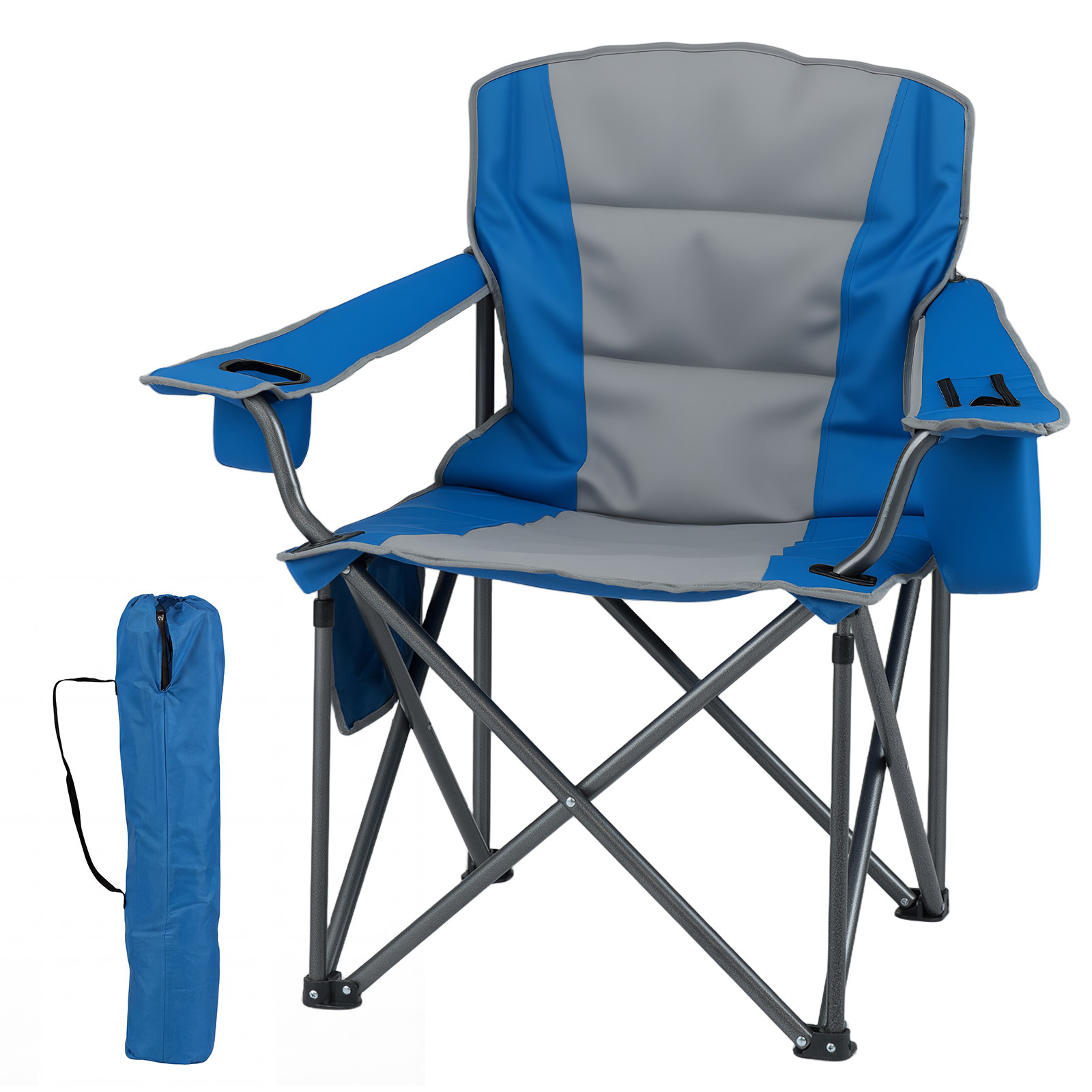 Costway Silla Camping Plegable con Bolsillo Refrigerador con Cremallera y Portavasos Acolchada Bolsa Transporte para Picnic Pesca Azul