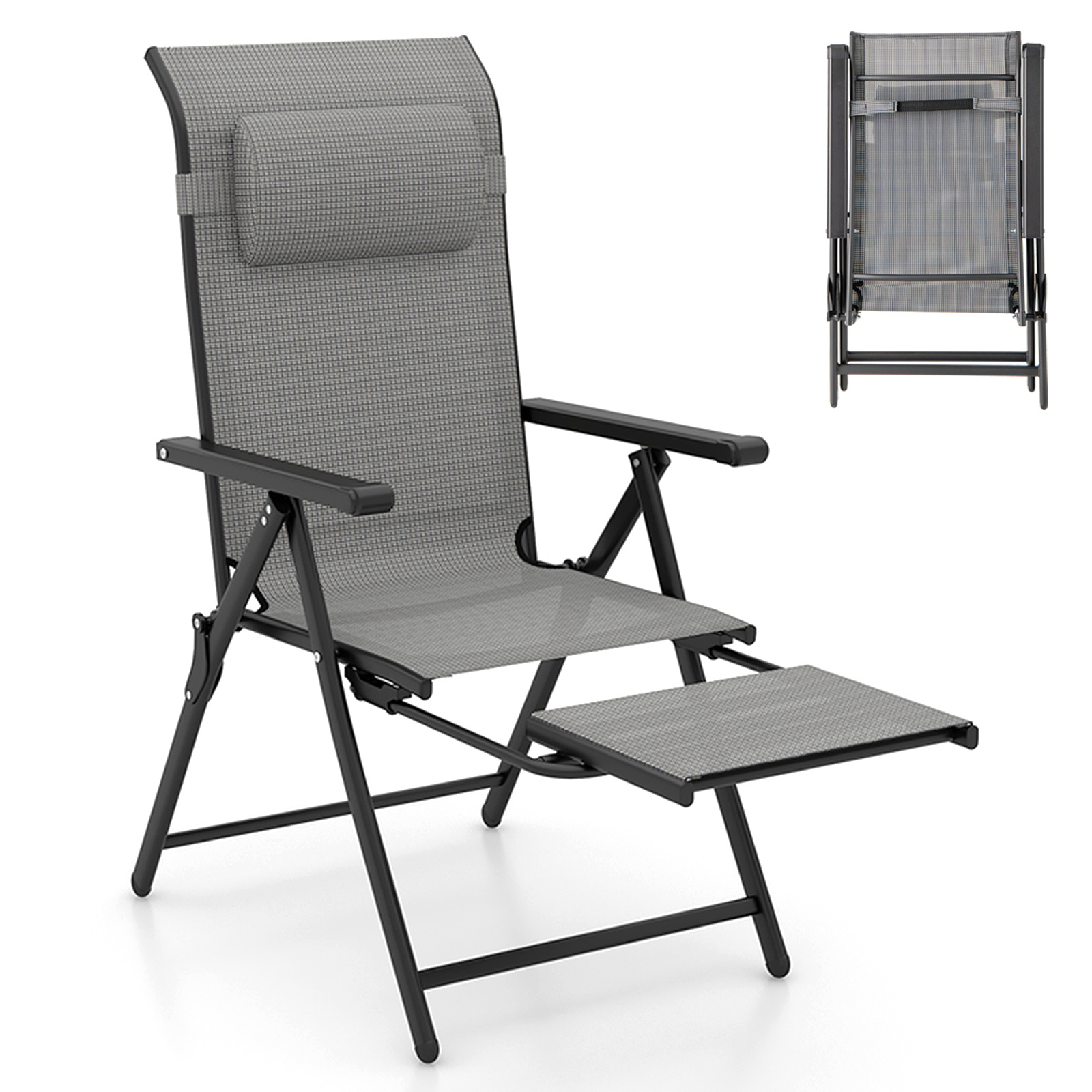 Silla de Patio Plegable con Respaldo y Reposabrazos Ajustables Reposapiés Retráctiles Carga 150kg para Piscina Playa Gris Costway