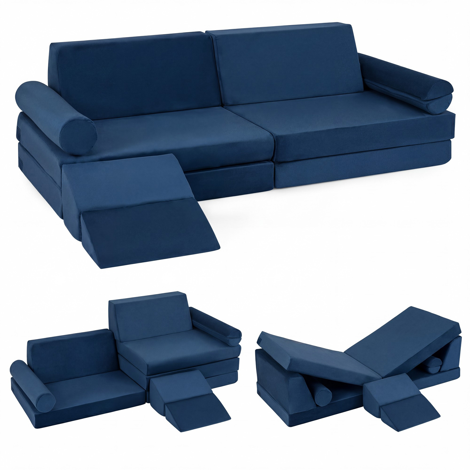 Sofá Infantil Modular 10 Piezas Plegable con Felpa Suave Espuma Elástica Fundas Cremallera Lavables a Máquina para Niños Azul Marino Costway