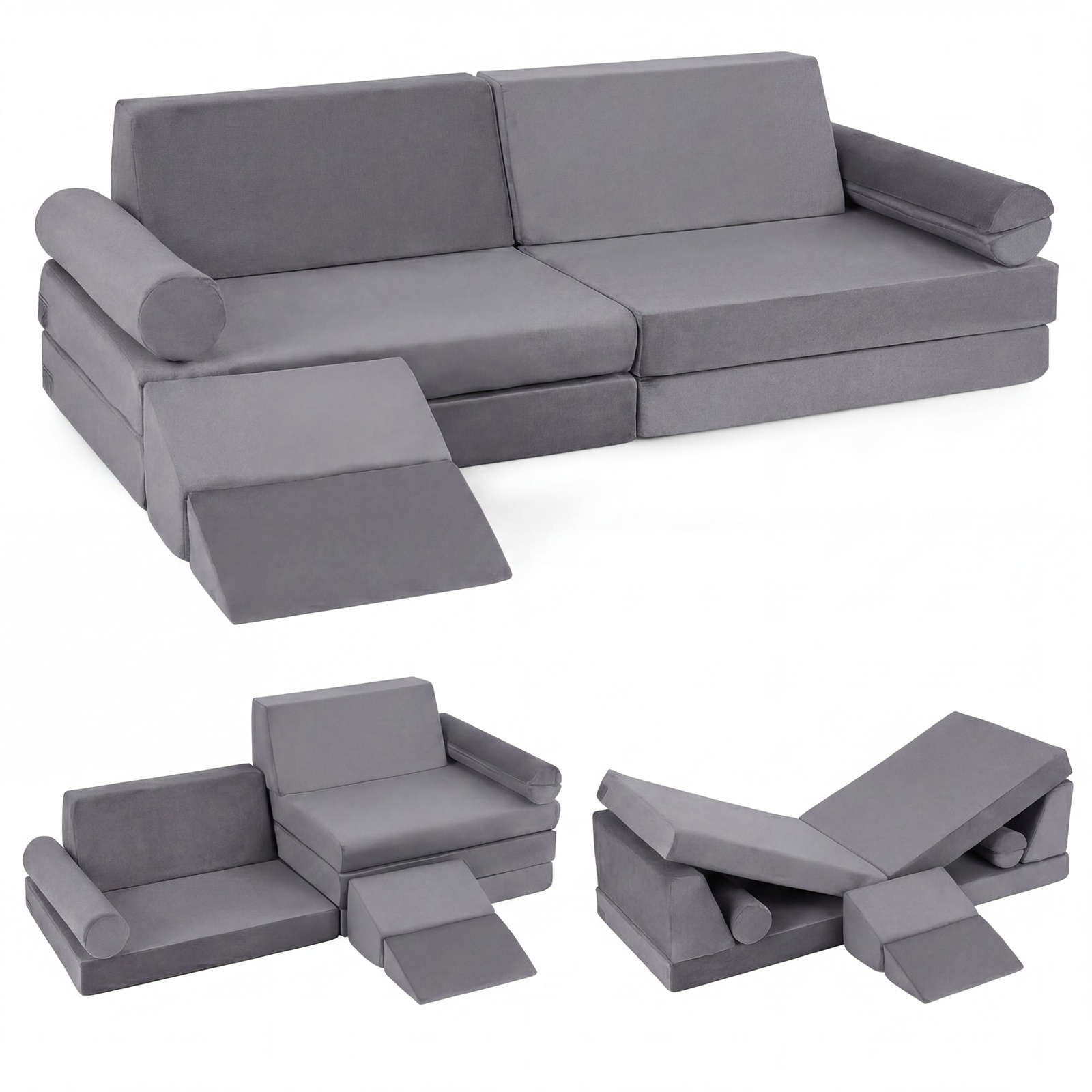 Sofá Infantil Modular 10 Piezas Plegable con Felpa Suave Espuma Elástica Fundas Cremallera Lavables a Máquina para Niños Gris Costway
