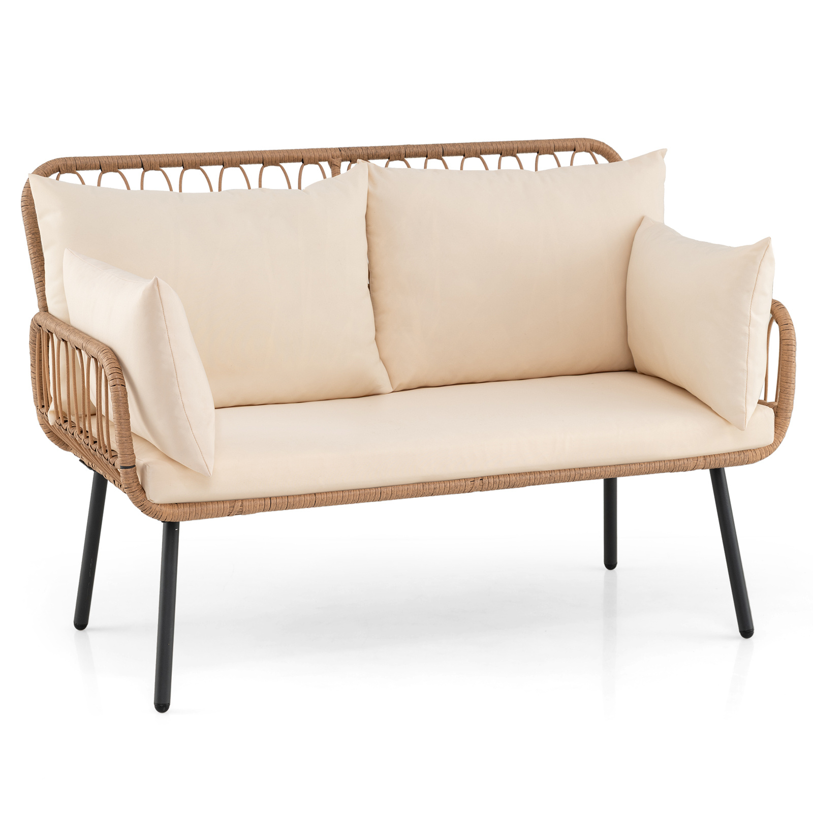 Costway Sofá de 2 Plazas de Exterior Sillón de Ratán PE para 2 Personas con Cojines Almohadas y Estructura Metálica para Patio Porche