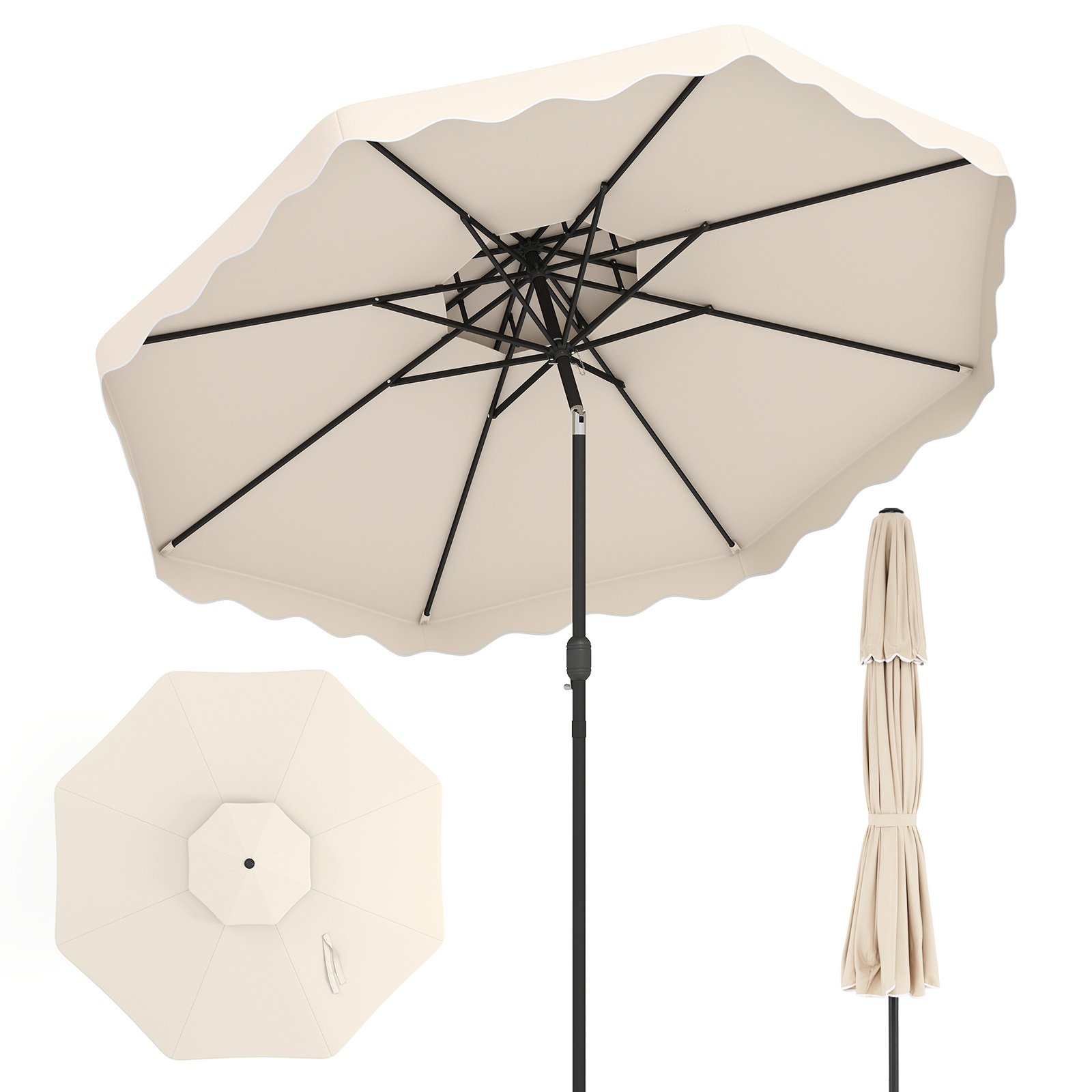 Sombrilla 300cm con Inclinación Bidireccional 30° Techo Ventilado 2 Capas 8 Varillas Metal Volantes para Patio Piscina Beige Costway
