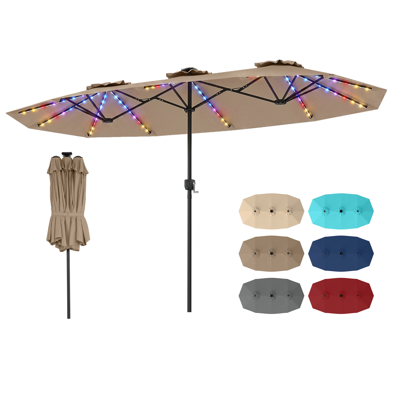 Sombrilla Doble Resistente 400x210cm con 108 Luces LED Solares Fácil Manivela y 12 Varillas de Metal para Jardín Piscina Patio Café Costway
