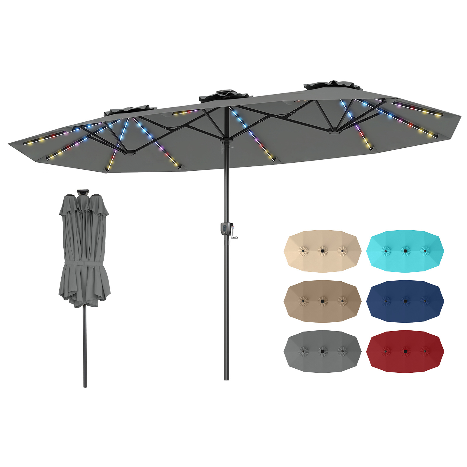 Sombrilla Doble Resistente 400x210cm con 108 Luces LED Solares Fácil Manivela y 12 Varillas de Metal para Jardín Piscina Patio Gris Costway