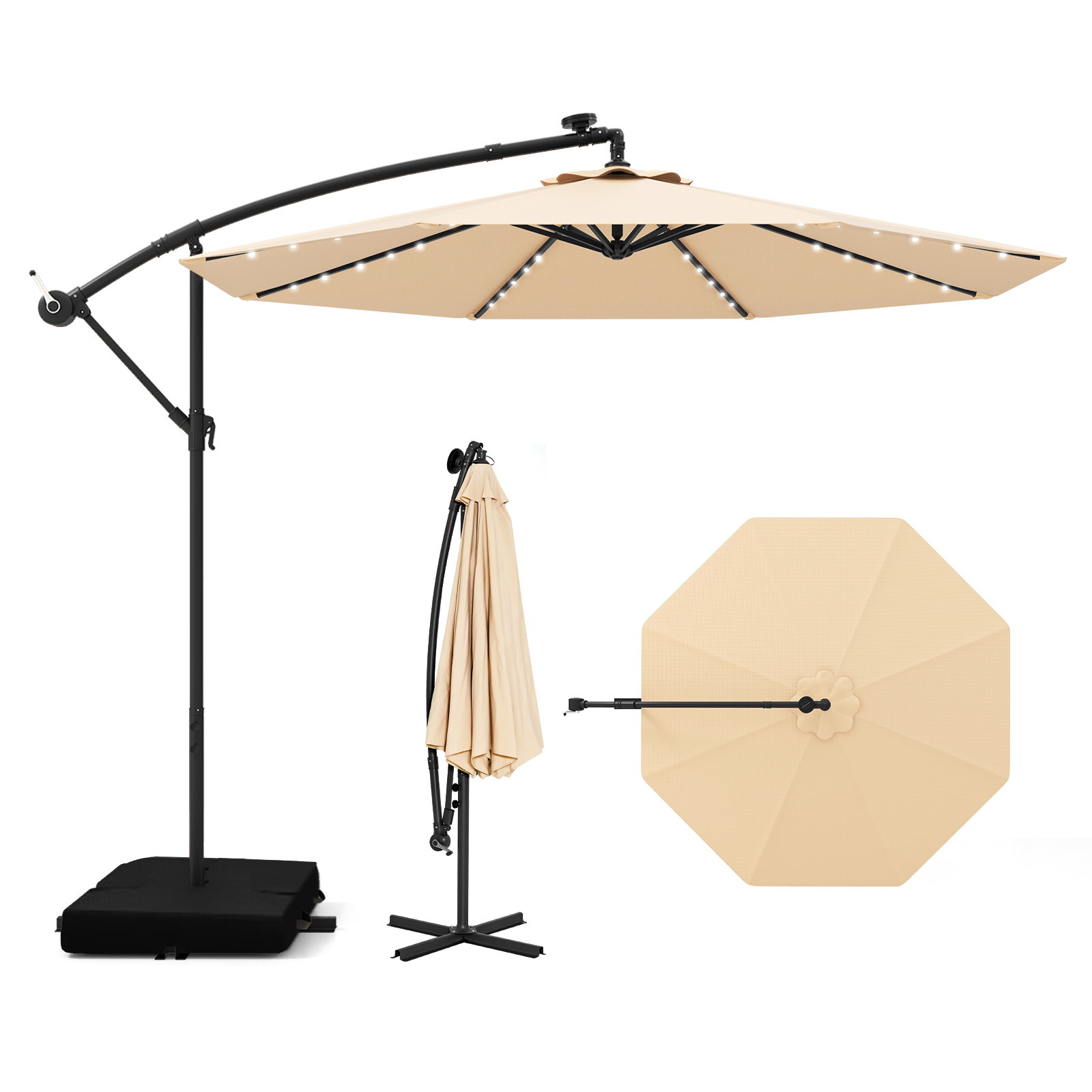 Costway Sombrilla Excéntrica 3,5x3,5m con 40 luces LED Solares Base Incluida Toldo Impermeable y Manivela para Terraza Jardín o Patio Beige