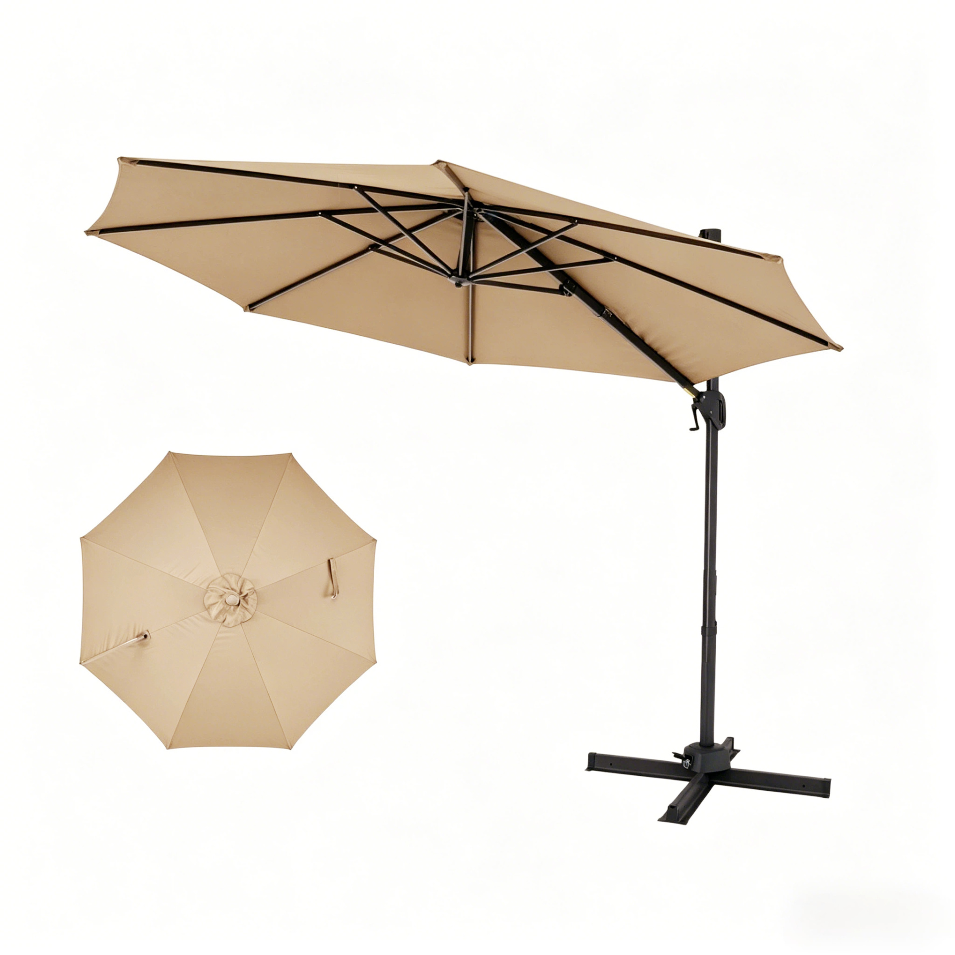 Costway Sombrilla Terraza Exterior 300cm con Rotación 360° Inclinable 8 Varillas de Metal Manivela para Jardín Patio Balcón Piscina Beige