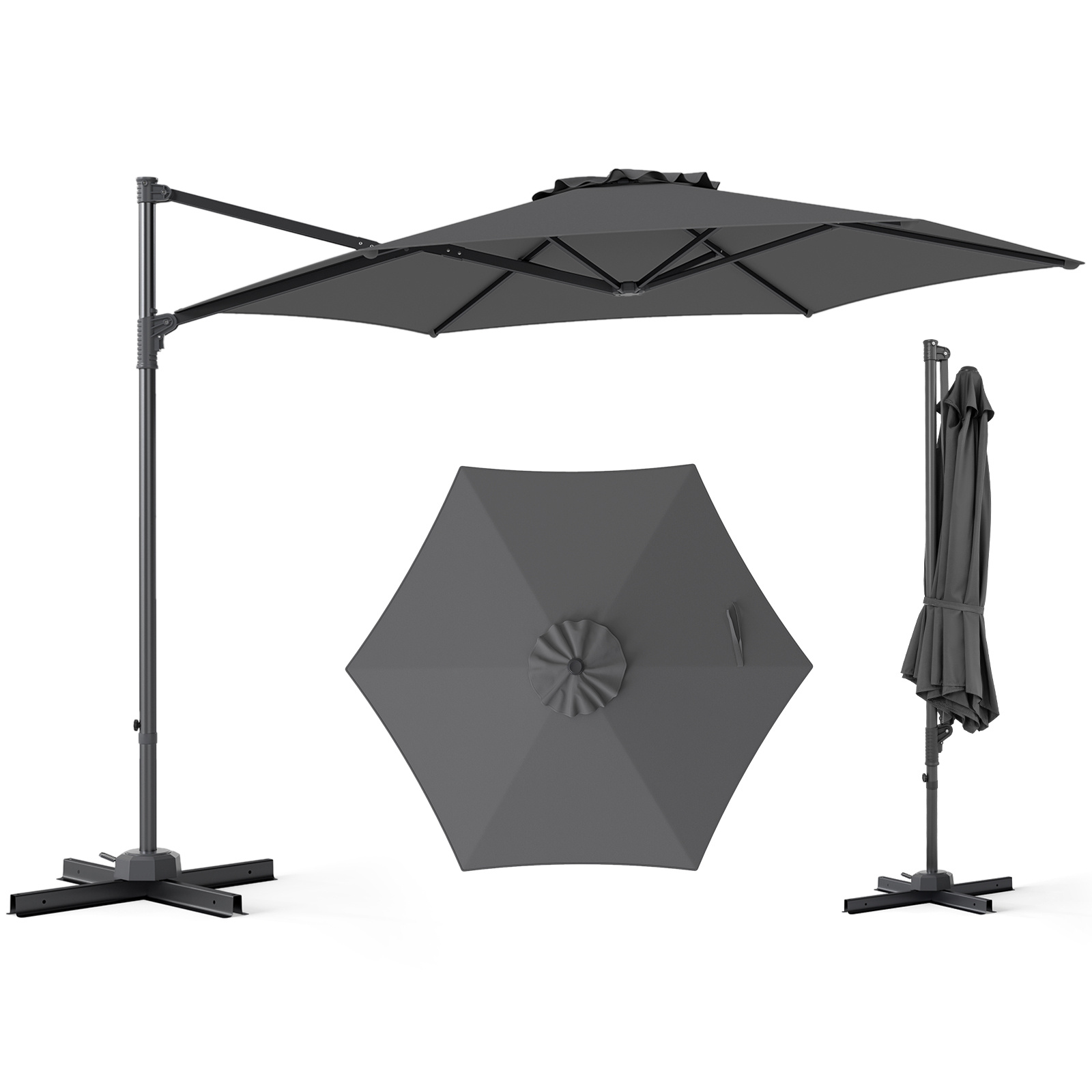 Sombrilla Voladiza 292x292x240cm con Rotación 360° Varillas Metálicas Base Cruzada para Patio Terraza Piscina Gris Costway