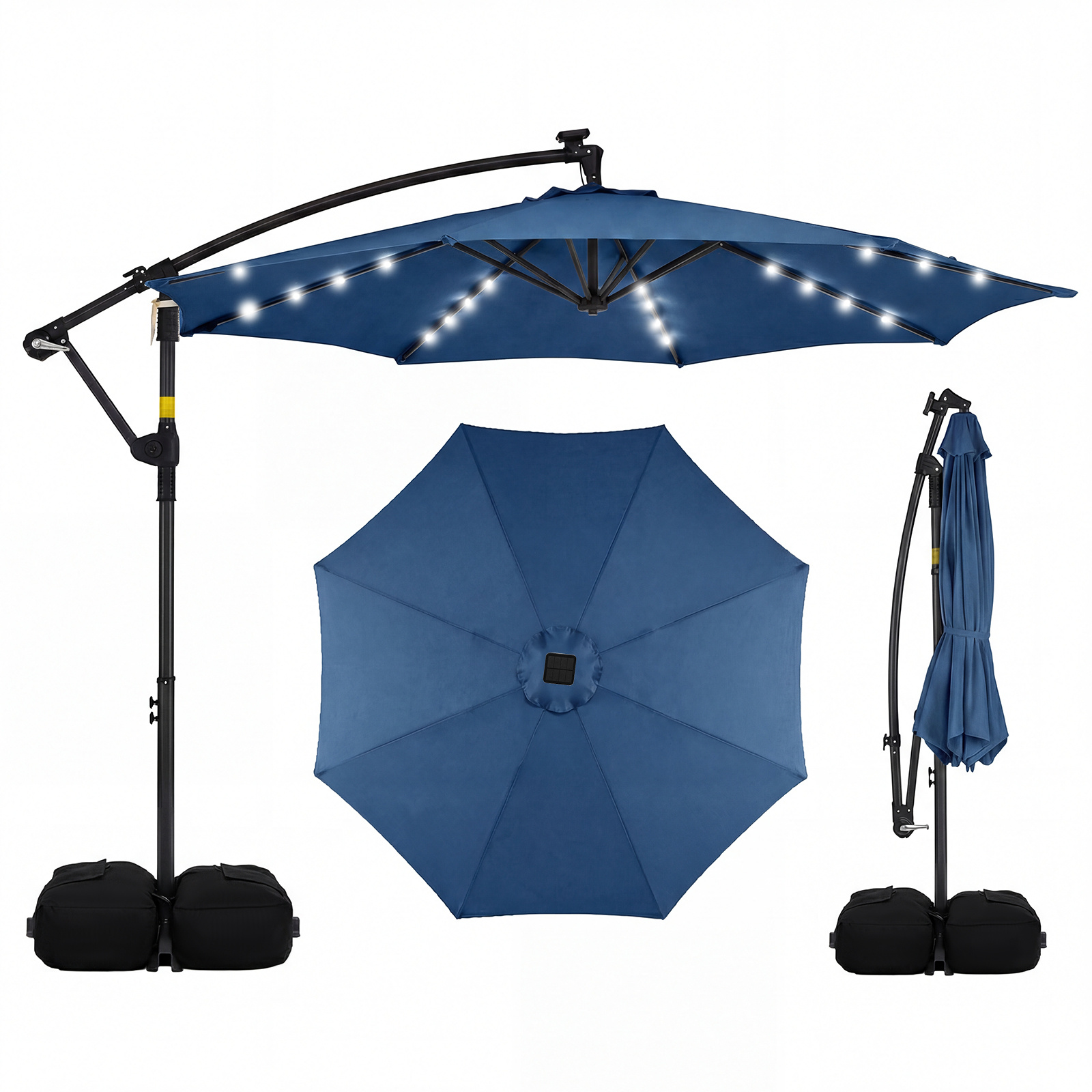 Sombrilla de Jardín 300cm LED Solar Voladiza Giratoria 360° Manivela Base Cruz Sacos Arena Azul Oscuro Costway