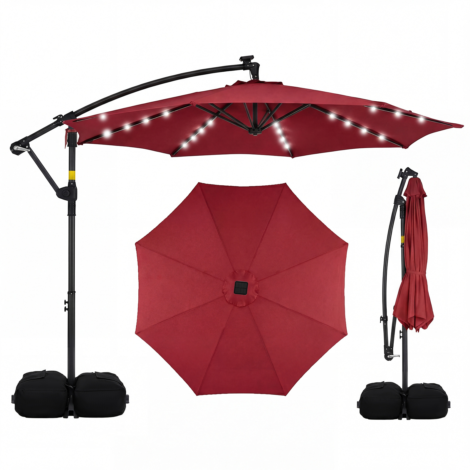 Sombrilla de Jardín 300cm LED Solar Voladiza Giratoria 360° Manivela Base Cruz Sacos Arena Rojo Vino Costway