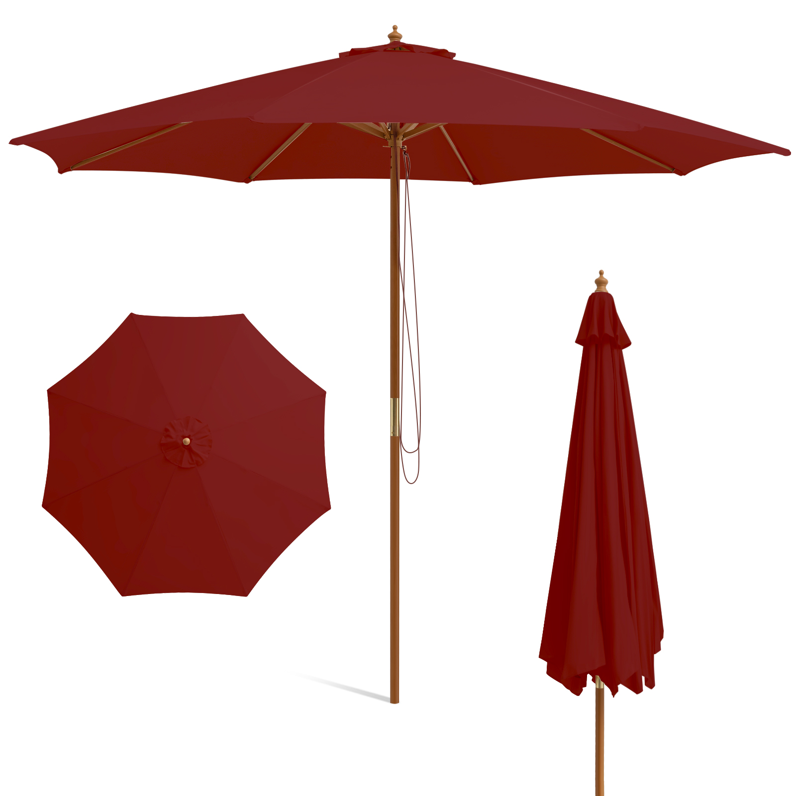 Sombrilla de Madera para Patio 300cm 8 Varillas Bambú 3 Alturas Ajustables Elevador Polea Poste Desmontable Techo Ventilado Rojo Vino Costway